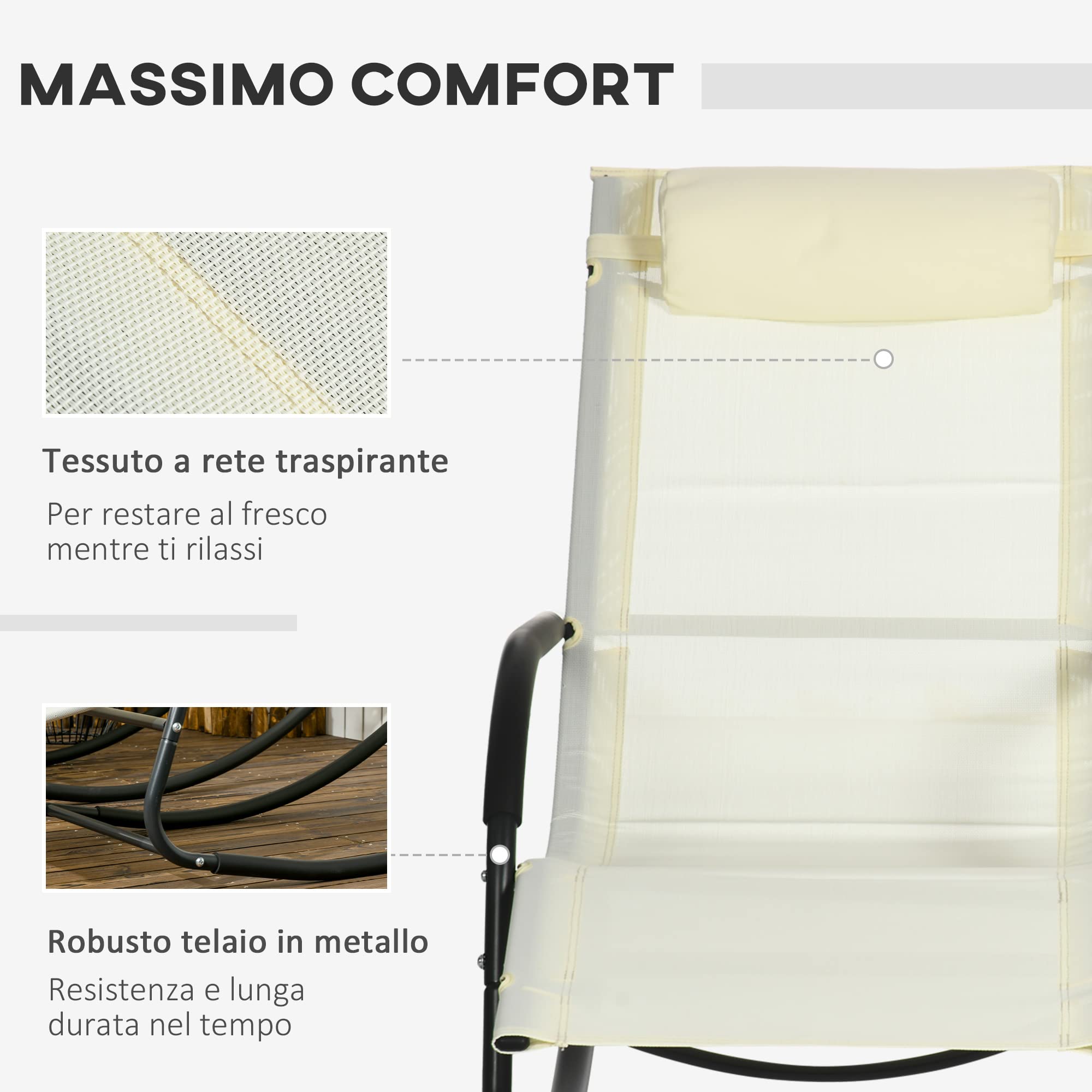 Outsunny Set di 2 Sdraio a Dondolo da Giardino in Acciaio con Braccioli e Poggiatesta staccabile, 67x144x87 cm, Grigio Scuro e Beige