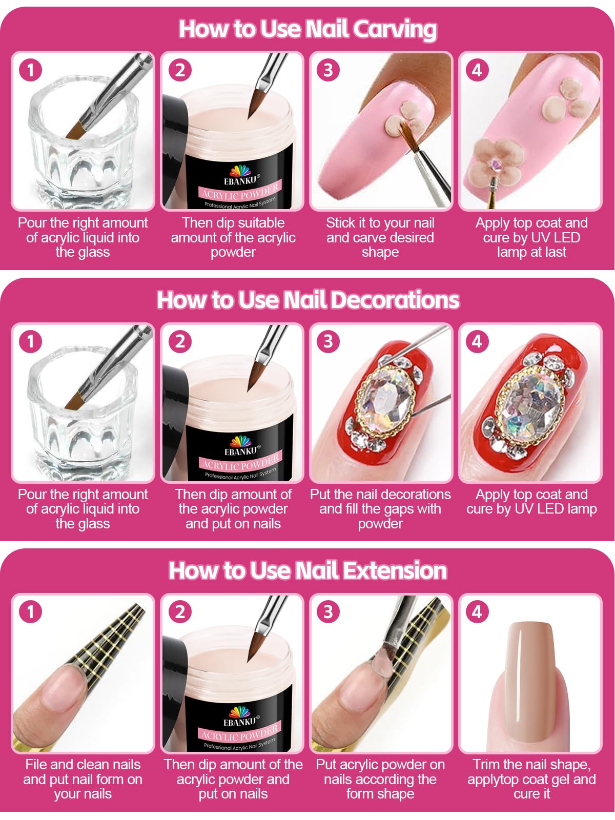 EBANKU Polvere acrilica per unghie rosa nude, 120 g, polvere acrilica professionale per extension per unghie, 3D Art Carving French manicure, forte adesione, facile da modellare a lunga durata, non