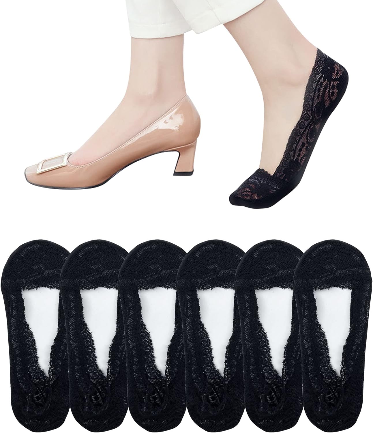 Women No Show Socks 6 Pairs Lace Socks Non Slip Invisible Socks for Women, Low Cut Womens Socks with Lace Trim