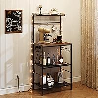 Vista 2 de Estante de panadería con toma de corriente, estante de almacenamiento de cocina con 6 ganchos, soporte para microondas con almacenamiento, estación