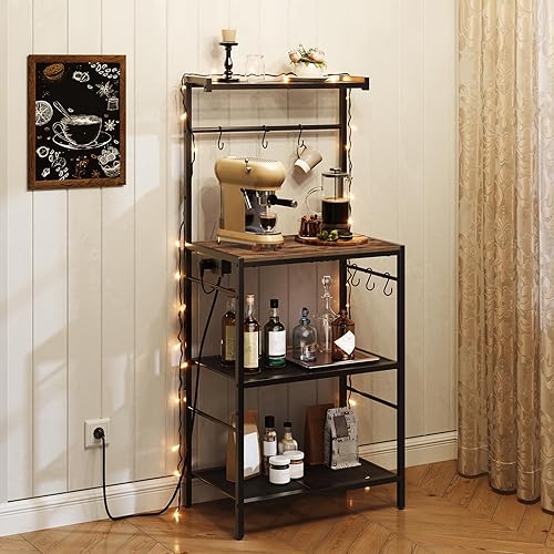 Miniatura 2 de Estante para panaderos con toma de corriente, estante de almacenamiento de cocina con 6 ganchos, soporte para microondas con almacenamiento,