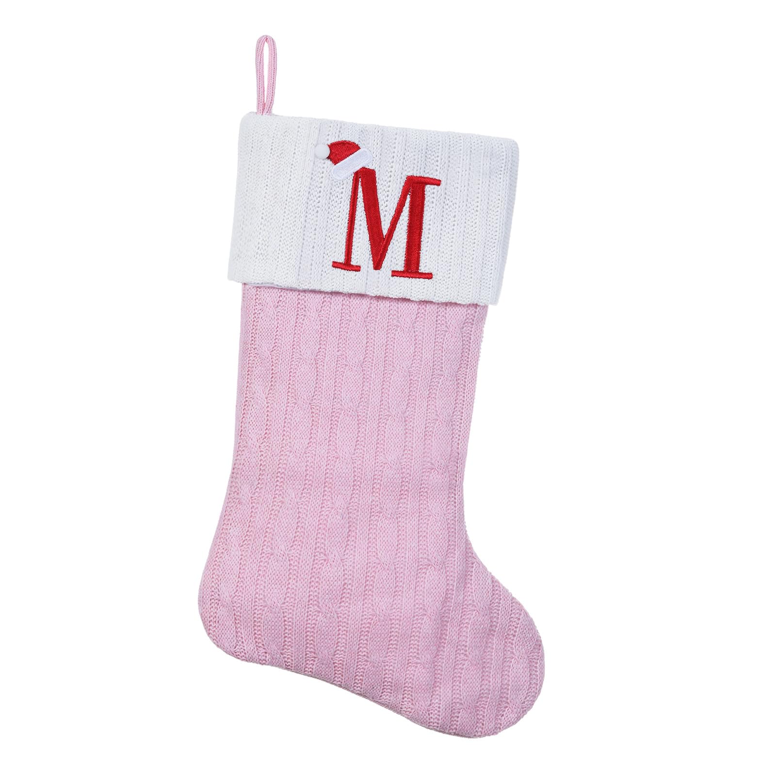 Pink Knit Christmas Stockings Personalized, 19.5 Inches Embroidered Letter Christmas Stocking for Holiday Decorations and Xmas Gift(Initial M)