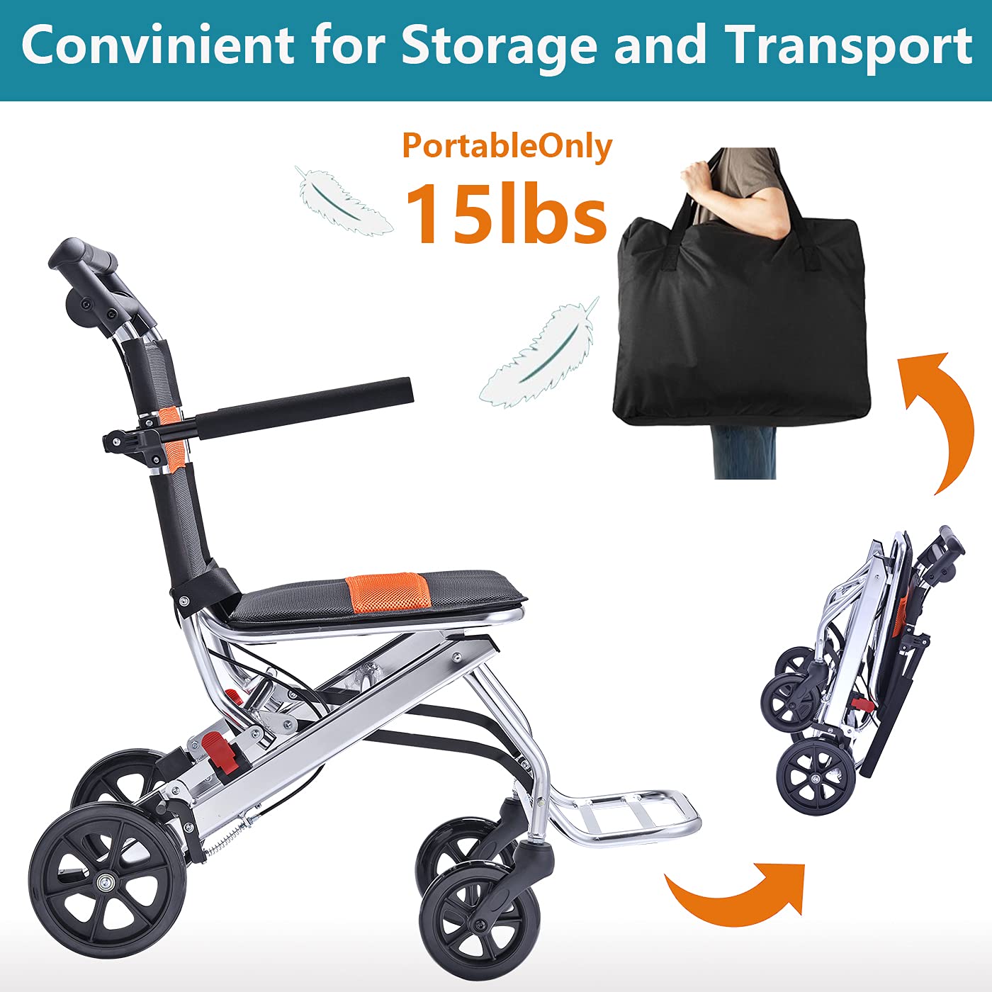 Ultralekki Transportowy Wózek Inwalidzki - Składany Przenośny Wózek Inwalidzki Z Hamulcem Ręcznym - Wózki Dla Osób Starszych Podróżujących Samolotem