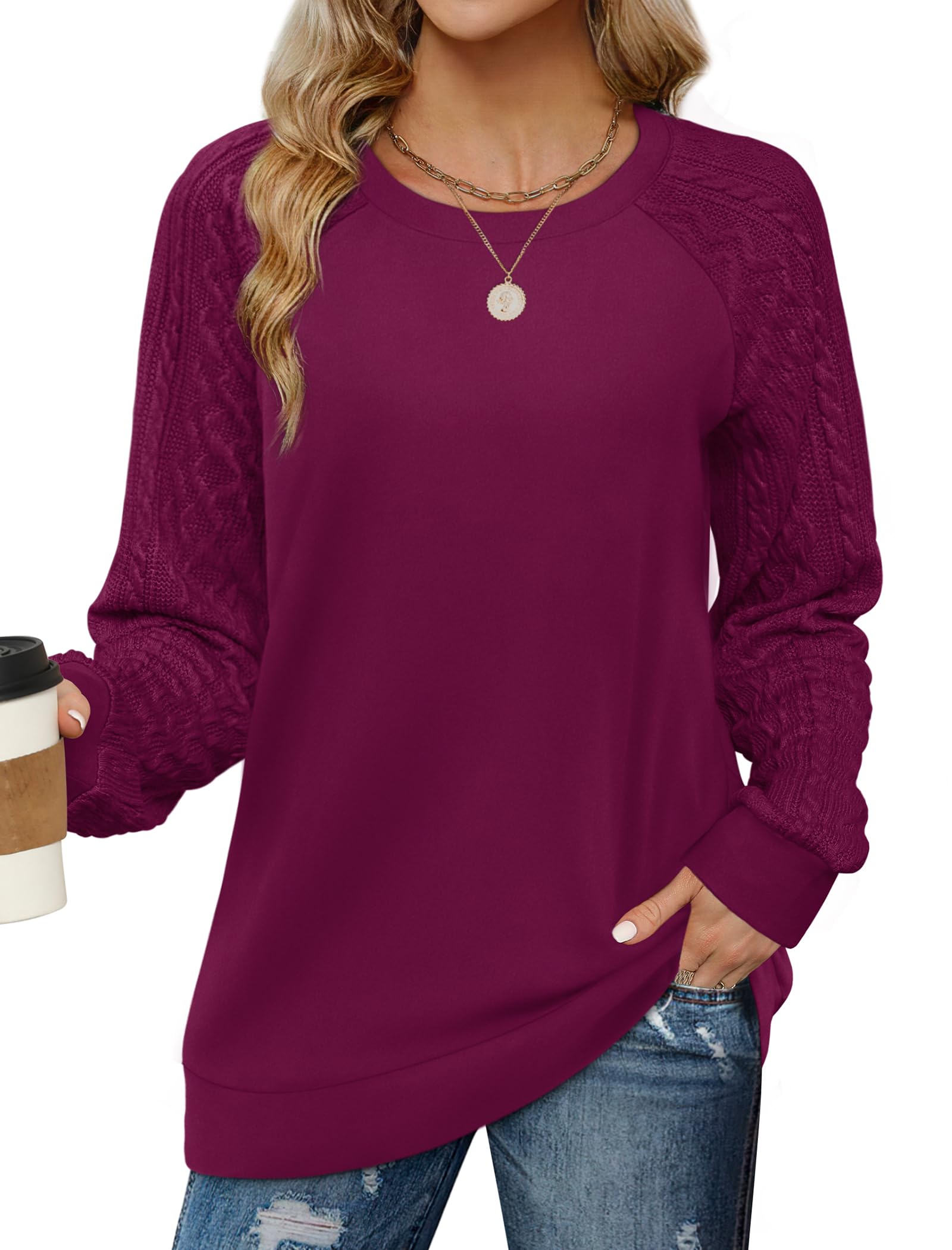 Saloogoe Sweatshirts for Women Crewneck Cable Knit Sleeve Sweaters Lightweight Fashion 2025