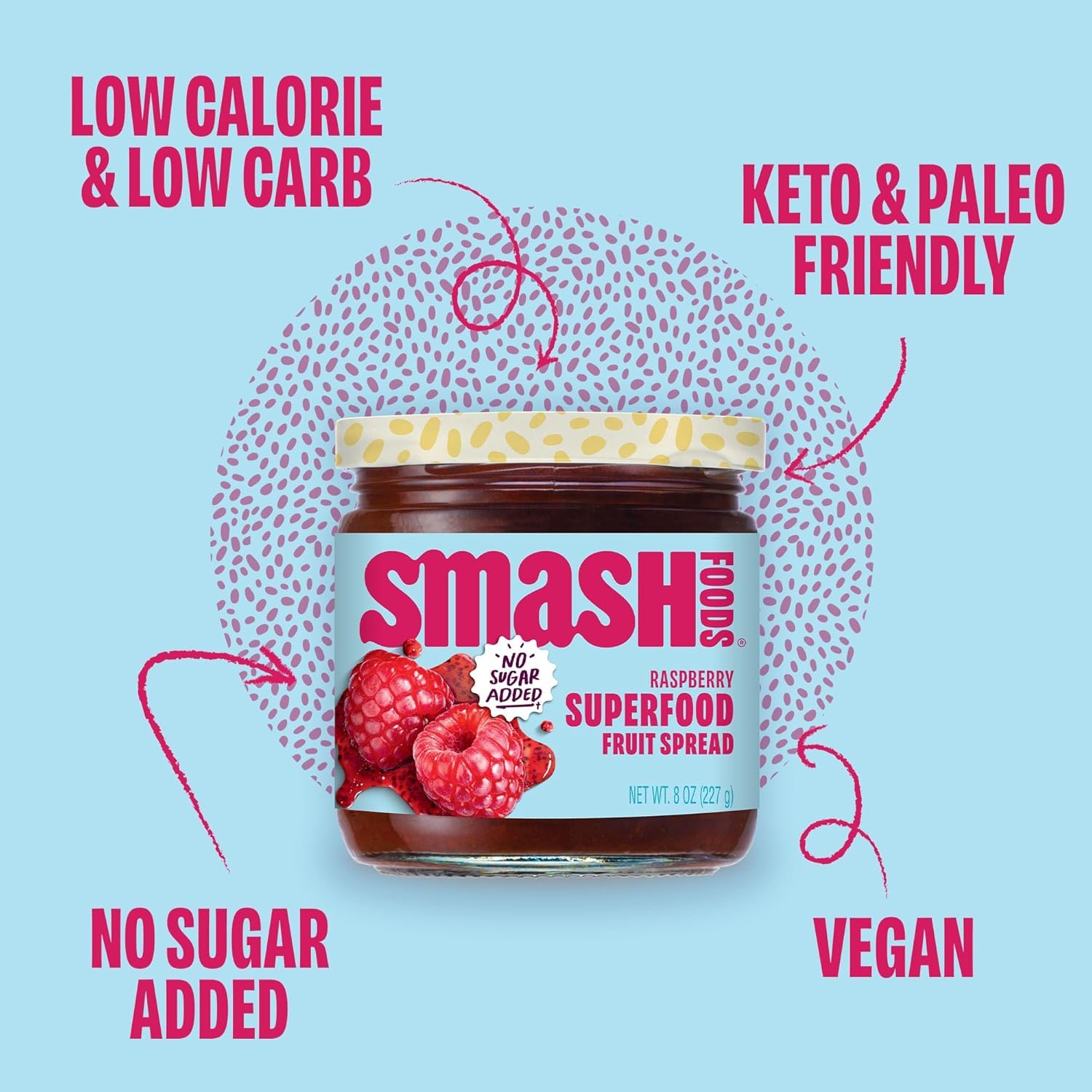 Smash Foods Raspberry Superfood Fruit Spread, No Sugar Added, Vegan, Keto Friendly, 17.5 Fluid Ounces 2 Pack