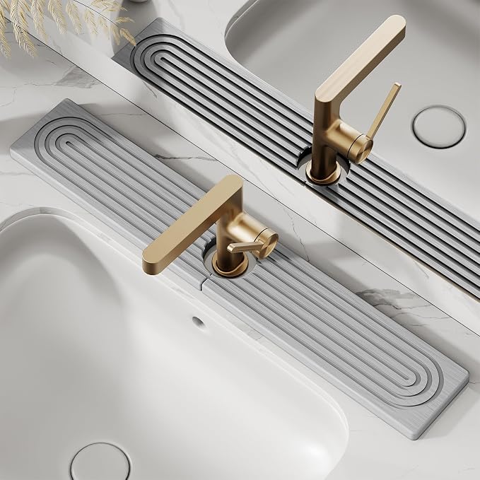 23.6'' Long Stone Faucet Mat for Kitchen Sink-Diatomite Quick Dry Kitchen Sink Splash Guard,Super Absorbent,Drying Stone Sink Tray,Sink Stone Quick Dry Around Faucet For Bathroom Counter (White)