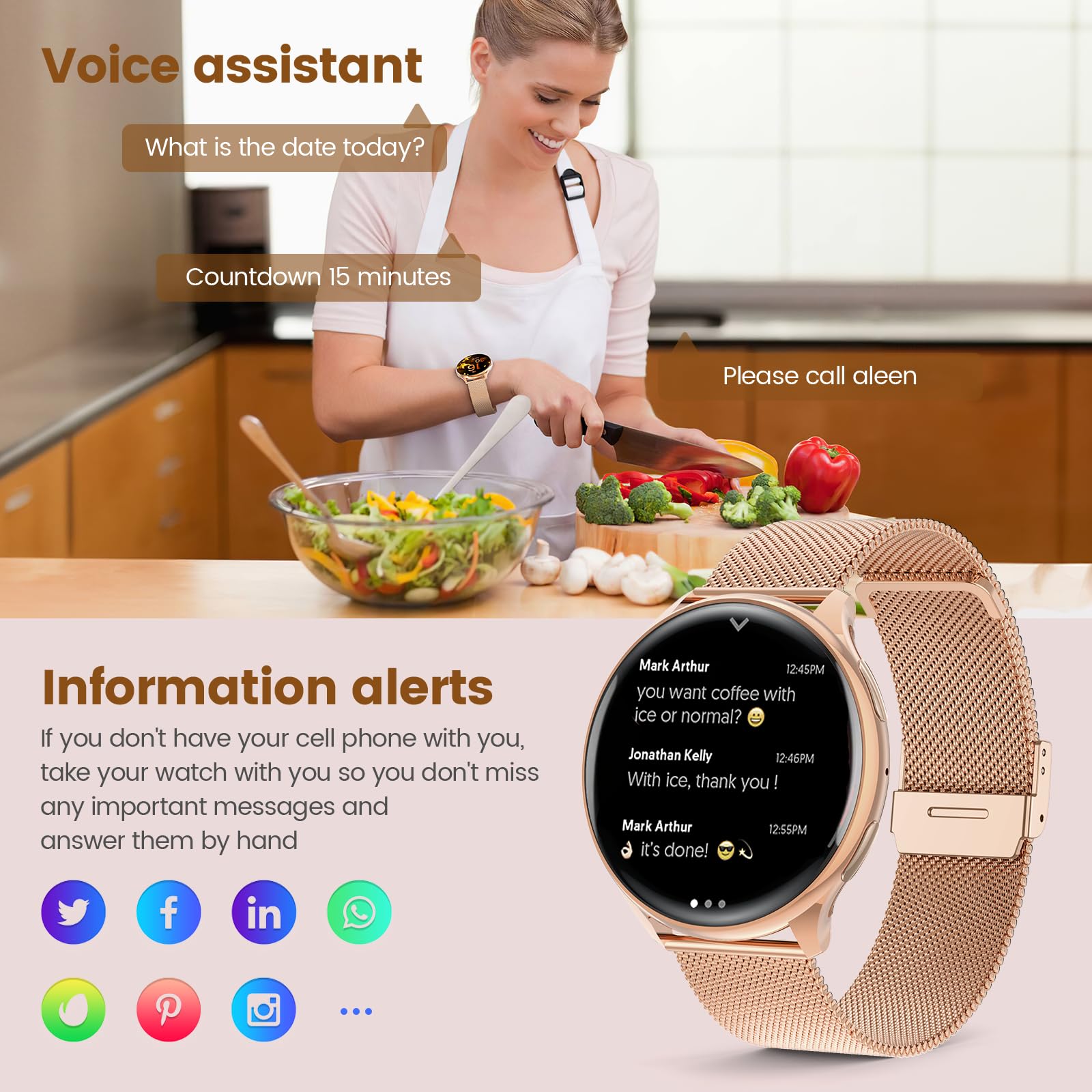 SLOKSFil Reloj Inteligente Mujer, 1,39" SmartWatch Mujer Redondo SpO2, 24H Pulsometro, Presión Arterial, Monitor sueño, Monitor de sueño 120 Deportes para iOS Android (Oro Rosa)