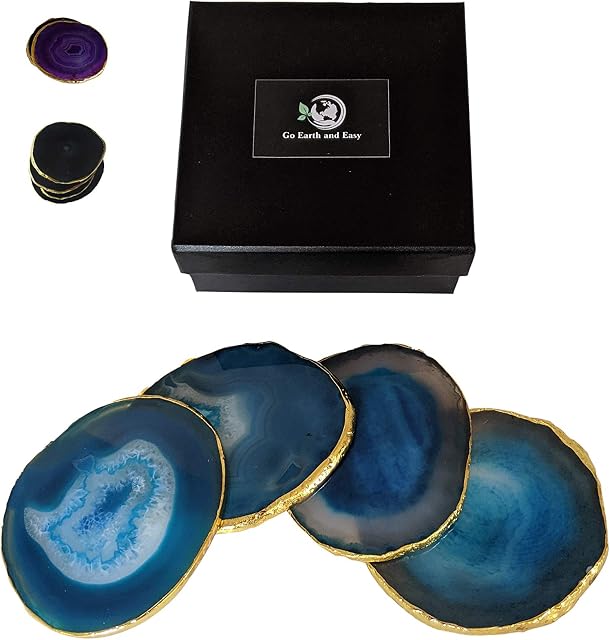 Agate Drinks Coaster Set of 4 - Blue. Natural Crystal Stone Slices with Gold Trim. Size 8cm - 10cm in diameter. Boho table decorations for home and office settings.