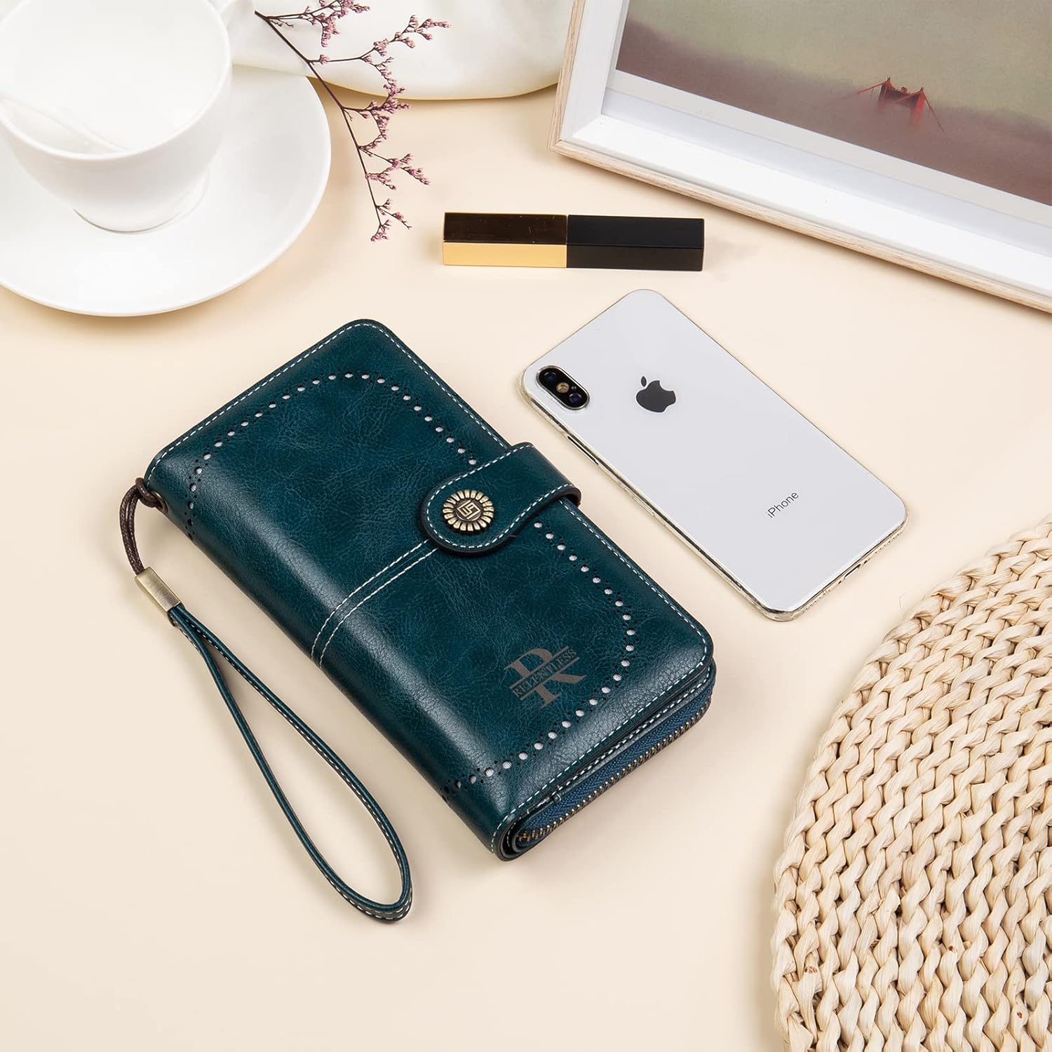 Nobelook Personalized Wallets for Women Bifold Leather Zipper Pocket Womens Wallet Long Credit Card Holder (Blue)