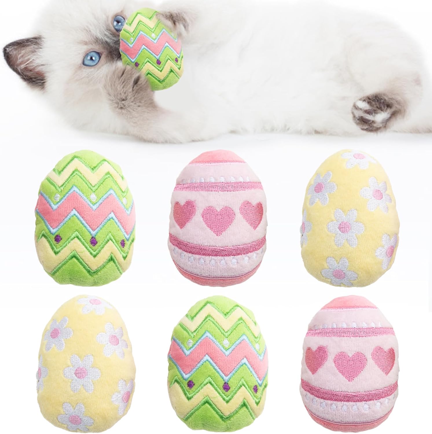 6pcs Easter Catnip Toy，Indoor Easter Egg Shaped Cat Toy Plush Interactive Chew Bite Toys for Cat Kitten Indoor Festive Holiday Cat Lover Gift