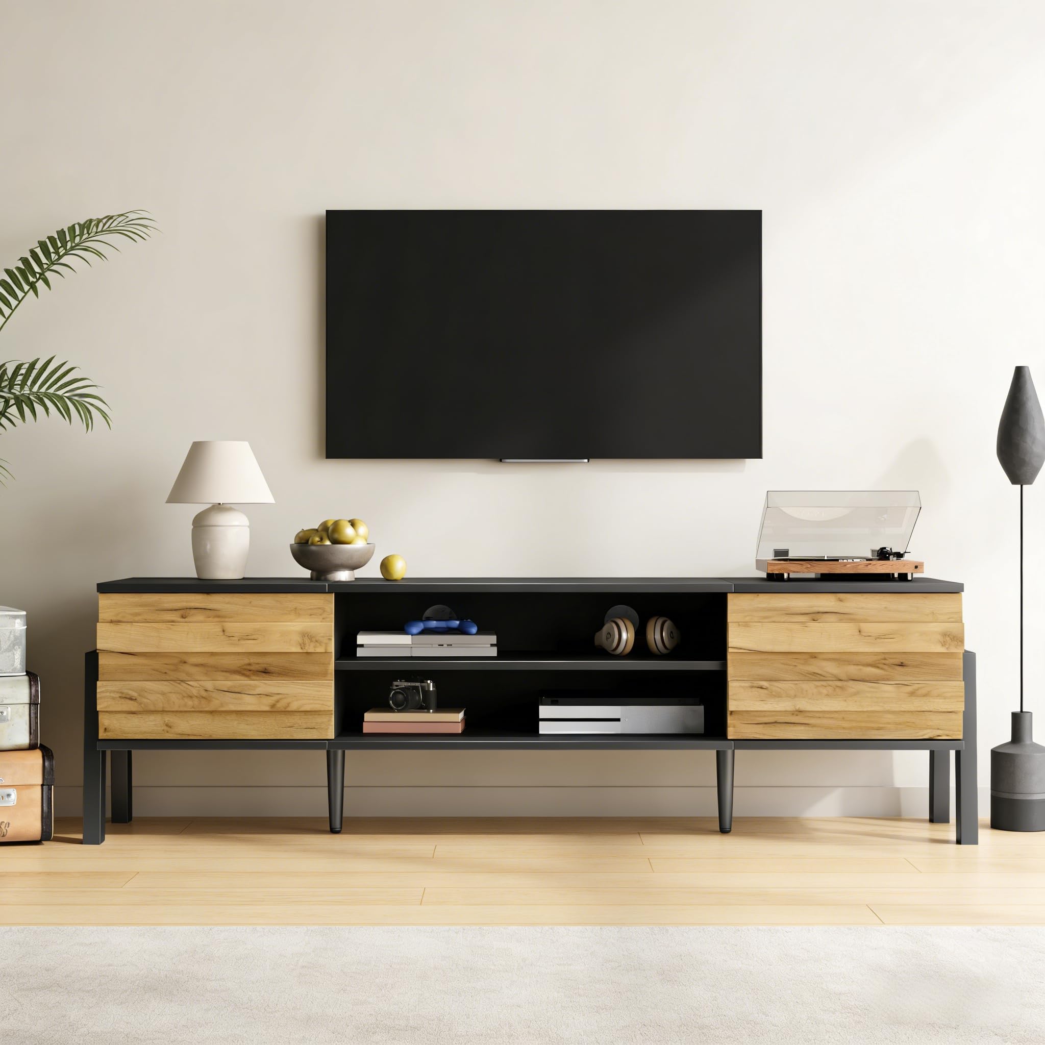 BTM 175 * 39.5 * 53cm TV cabinet, TV board, TV console with 2 cabinets and open storage space, TV table, TV stand, living room cabinet, suitable for TVs up to 70 inches,Natural wood color + black โ image 1
