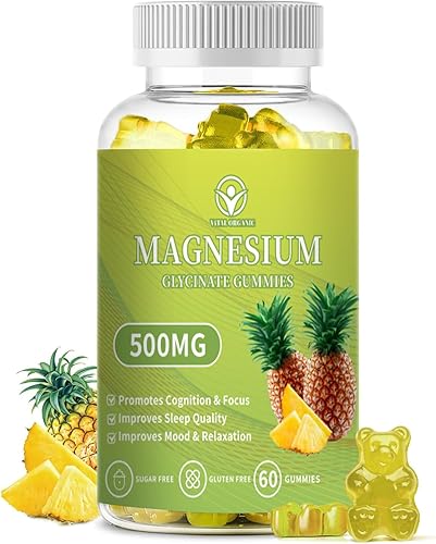 Gomitas de glicinato de magnesio de 500 mg, suplemento de magnesio y potasio sin azúcar con vitamina D, B6, CoQ10 para un estado de ánimo tranquilo