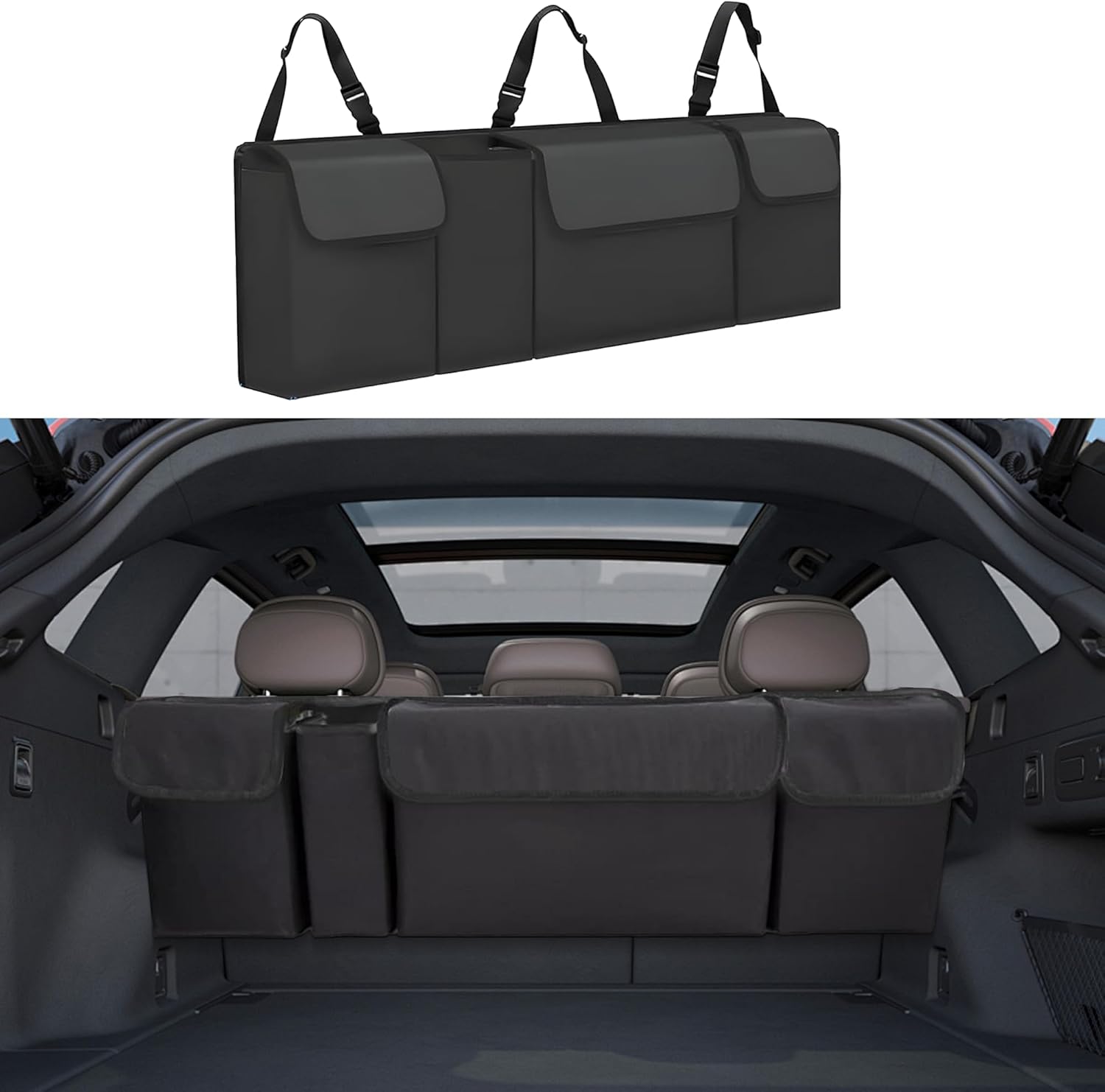 Car Trunk Organizer, Backseat Hanging Large Storage with Adjustable Straps,Waterproof PVC Collapsible Cargo Bag, Car Interior Accessories for Auto SUV MPV (Black)