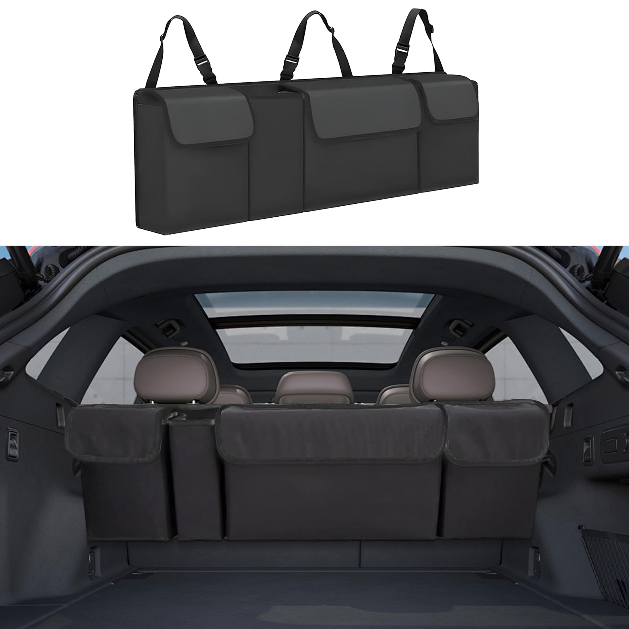 Tioollev Car Trunk Organizer, Backseat Hanging Large Storage with Adjustable Straps,Waterproof PVC Collapsible Cargo Bag, Car Interior Accessories for Auto SUV MPV (Black)