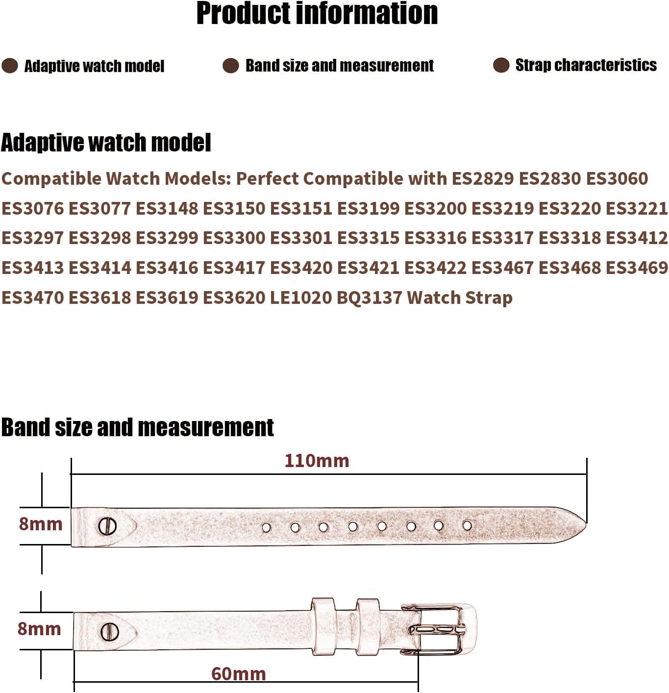 XIW Compatible for 8mm Fossil ES2829 ES2830 ES3060 ES3076 ES3077 Women Leather Watch Wirst Band Replacement for men Wirstband Strap Bracelet