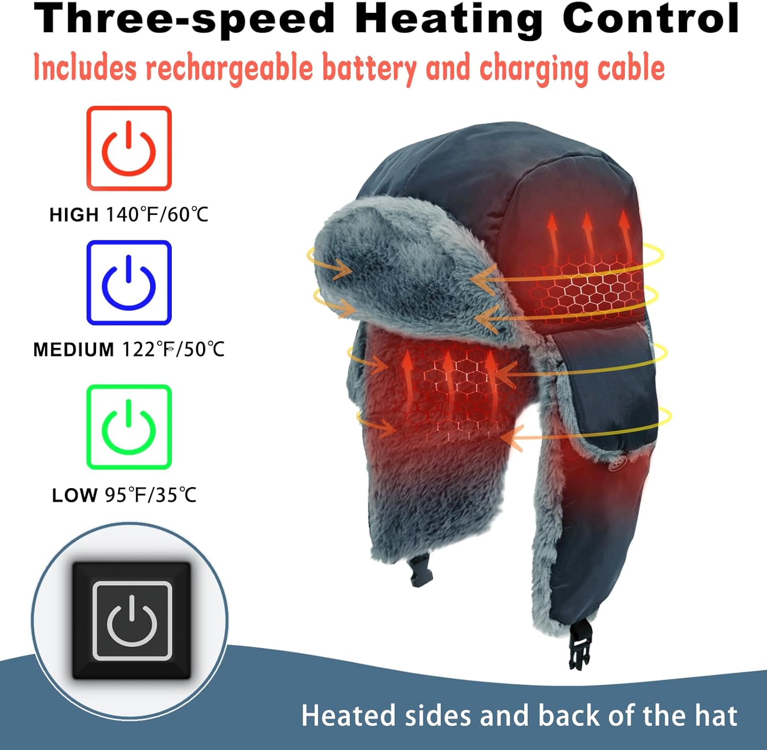 Heated Trapper Hat, 24.8 Inch Electric Winter Heated Hat with Rechargeable Battery for Men Women