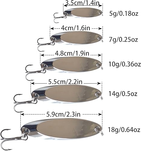 Miniatura 2 de Juego de 5 cucharas de señuelo de pesca, anzuelos de pesca para lubina, trucha, kit de señuelos de aleación de zinc, cucharas de lentejuelas, cebos