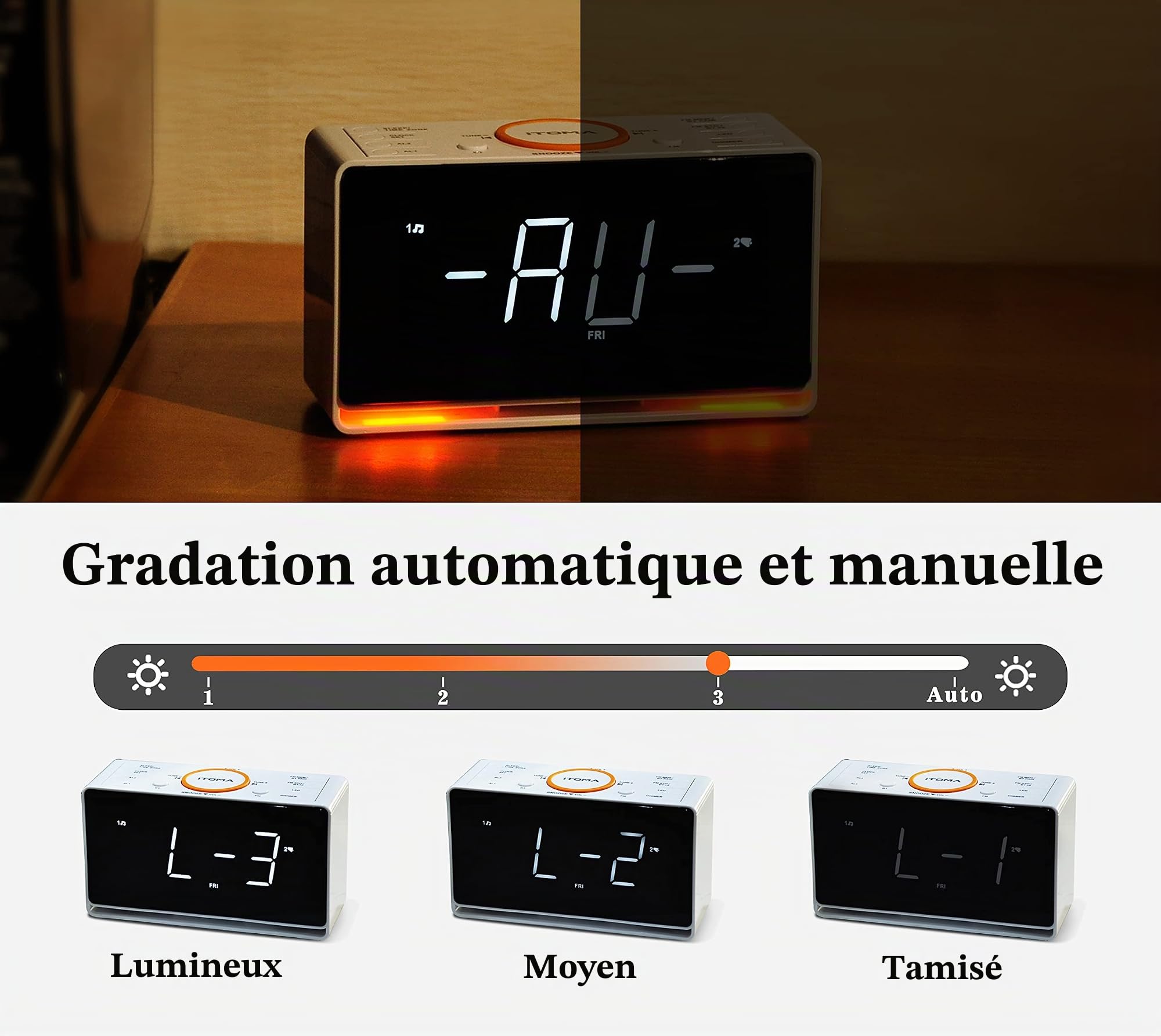 iTOMA Radio-réveil, Affichage LED Blanc 1,4" avec Bluetooth, FM Radio, Double Alarme, Minuterie de Mise en Veille, Répétition, Gradateur Automatique et Manuel, Chargeur USB et Veilleuse CKS718
