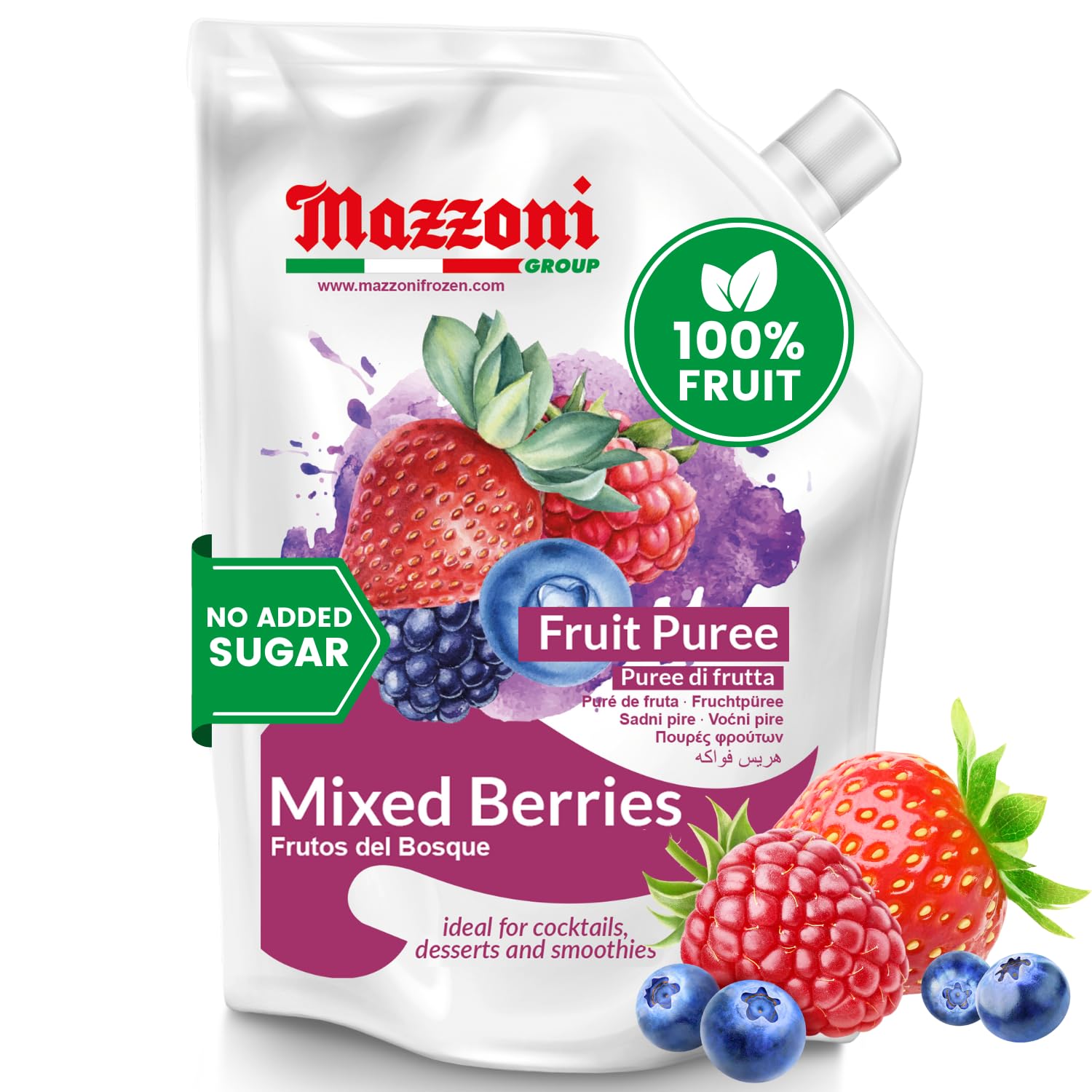 Mazzoni - Mixed Berry Juice Puree, 100% Pure Forest Berries (Strawberry, Blueberry, Raspberry), Just Fruit, No Sugar Added, 2.2 lbs (35.2 oz) Real Fruit Mixer for Cocktails, Drinks, Smoothies, Convenient Pouch, Made in Italy