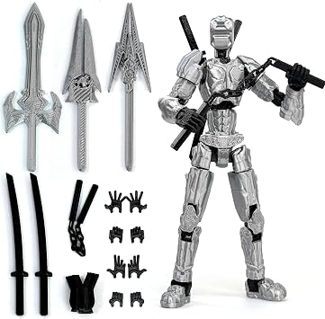 Dummy Action Figure Already Assembled, Robo 13 Movable Multi-Joints | 3D Printed, Upgraded Tight Joints, for Boys and Girls, Multiple Interchangeable Hands & Weapons, Silver