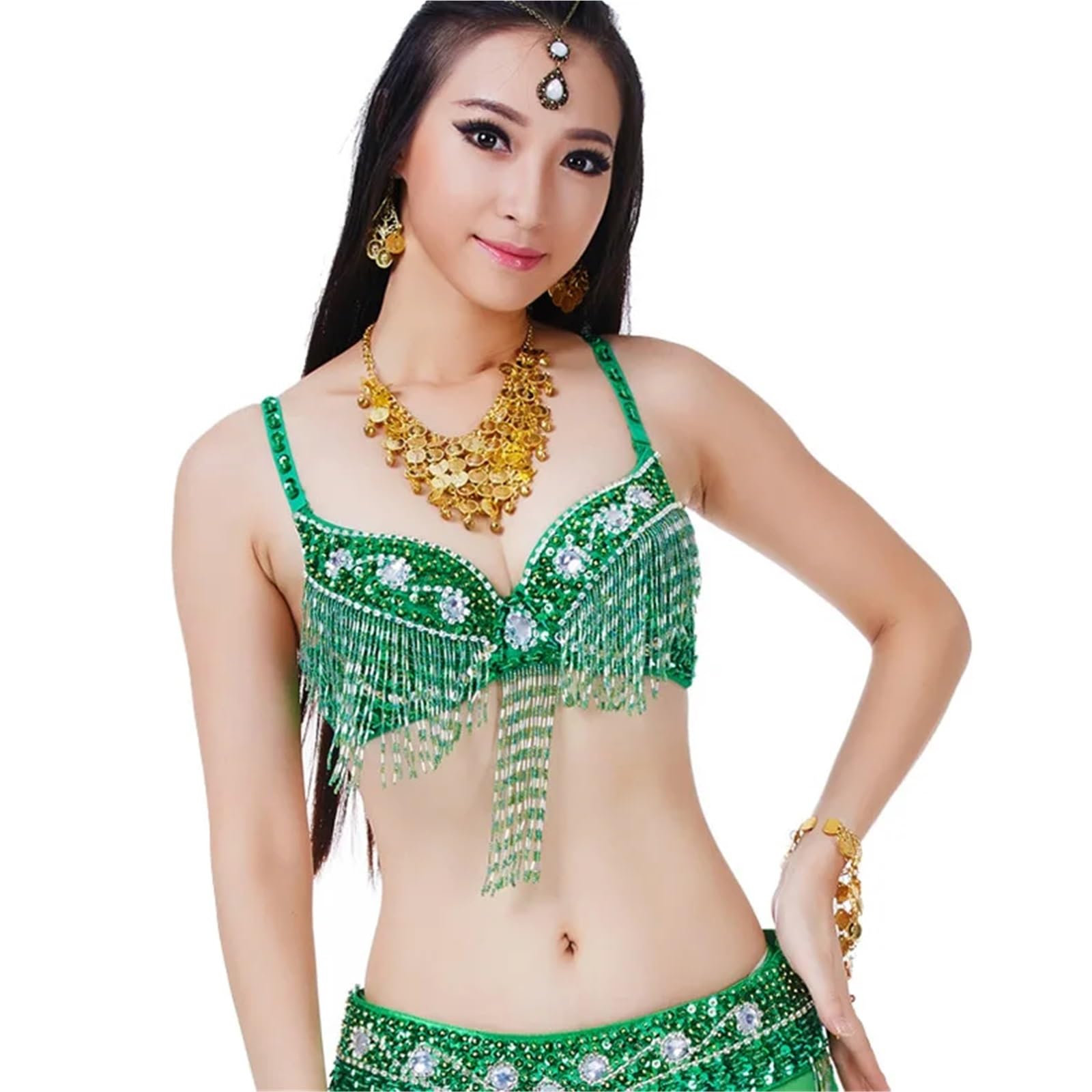 Amengj Women's Green Belly Dance Top Bra Belly Dance Fringe Halter Top Bra Sequin Beaded Girls Costume Underware Festival Dancing Outfit Belly Dancing Bra(Green)