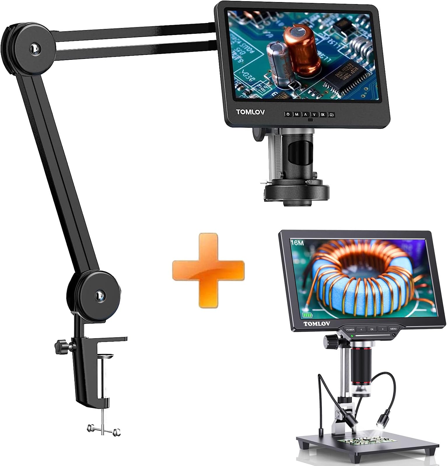 TOMLOV DM602 Flex Digital Soldering Microscope 2000x, 10.1" HDMI Microscope with 3 Lens, Coin Microscope with Ring Light +TOMLOV DM202 HDMI Digital Microscope,Coin Microscope with Screen for Adults
