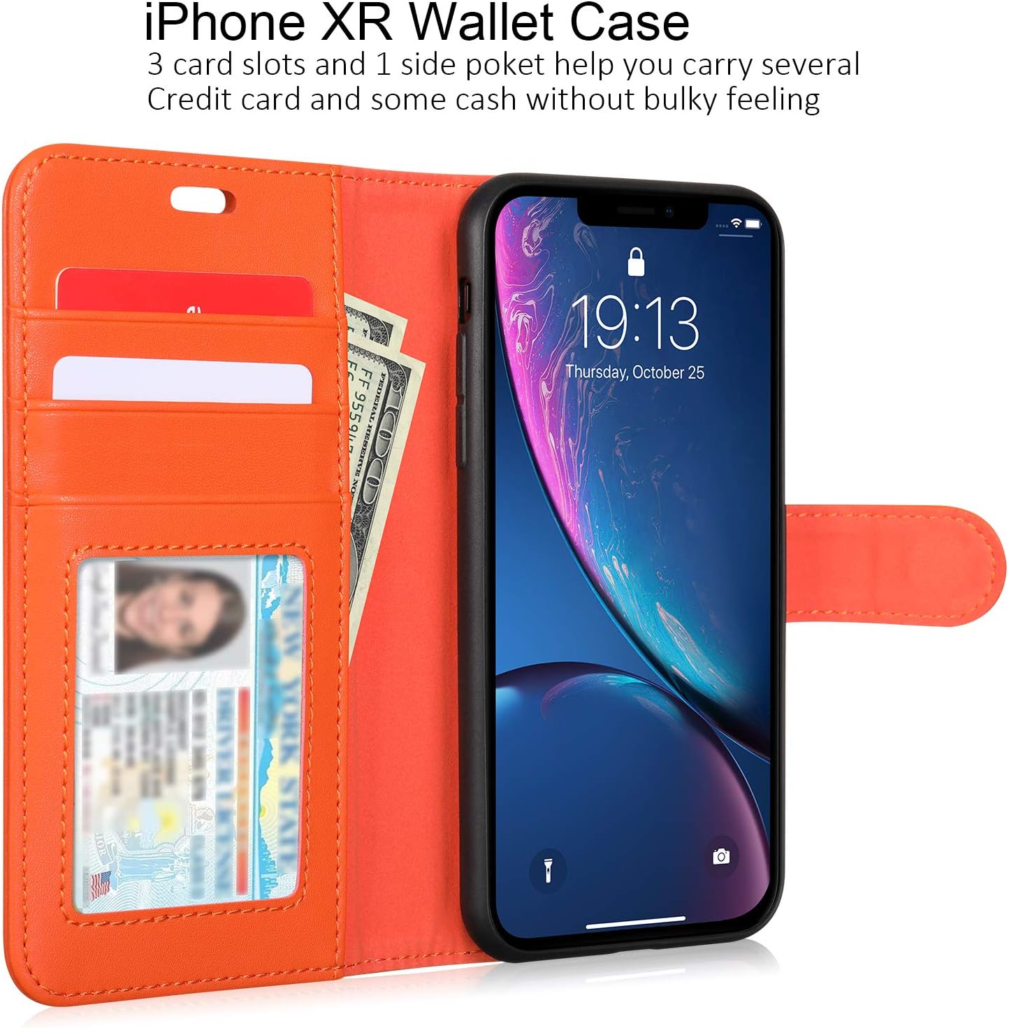 JISONCASE iPhone XR Wallet Case, Lambskin Leather iPhone Xr Cases with Credit Card Holder Slot Magnetic Closure Shockproof Protective Flip Case for Apple iPhone XR 6.1''Coral/Orange