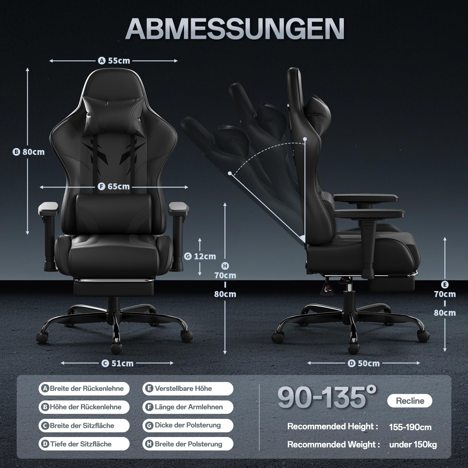 JUMMICO Sedia da gioco con braccioli regolabili in 2D, ergonomica, con poggiapiedi, portata 150 kg, colore: nero