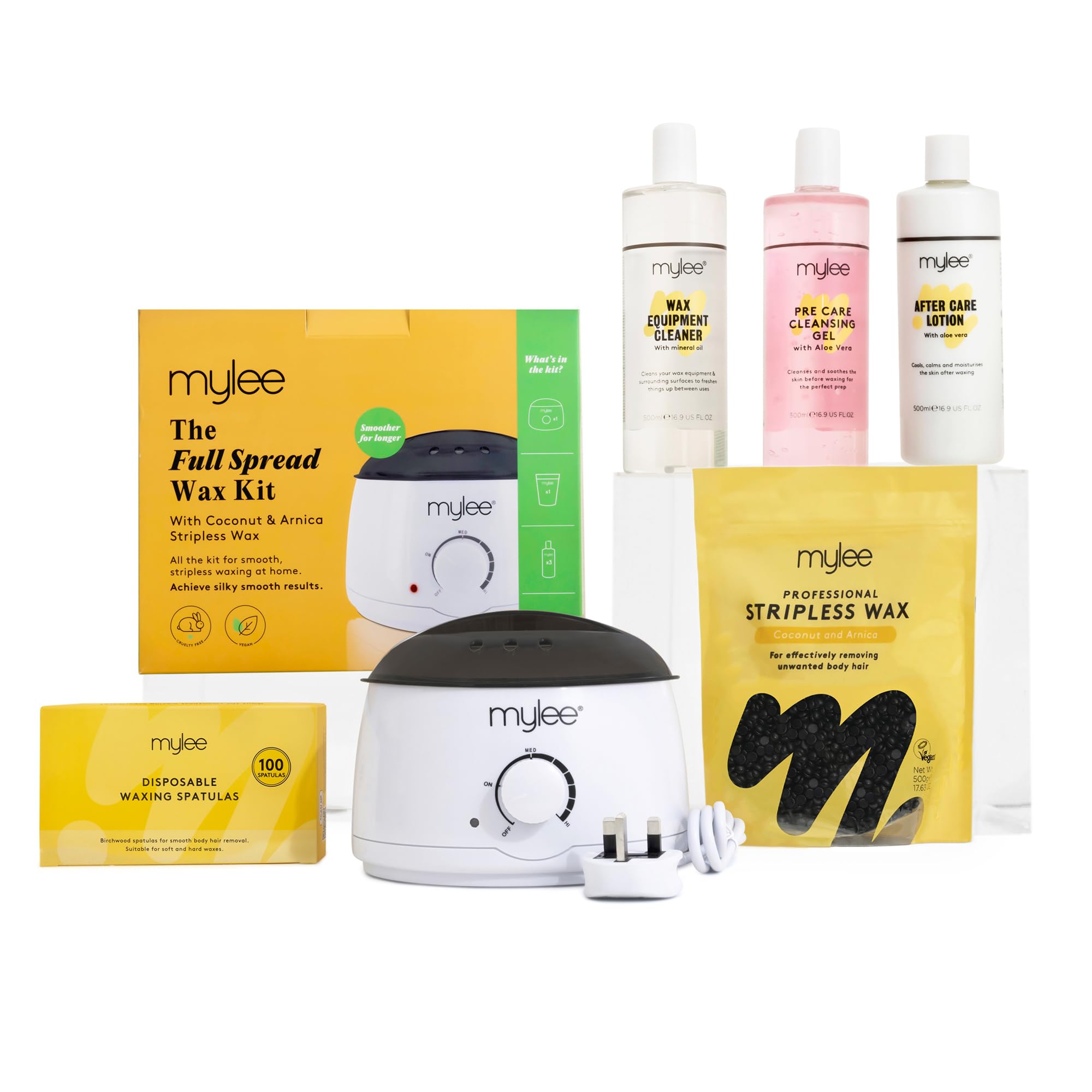 Mylee Professional Complete Waxing Kit with Wax Heater, Hard Wax Beads 500g, Applicator Spatulas, Pre & After Care Gel, Equipment Cleaner (Charcoal & Green Tea)