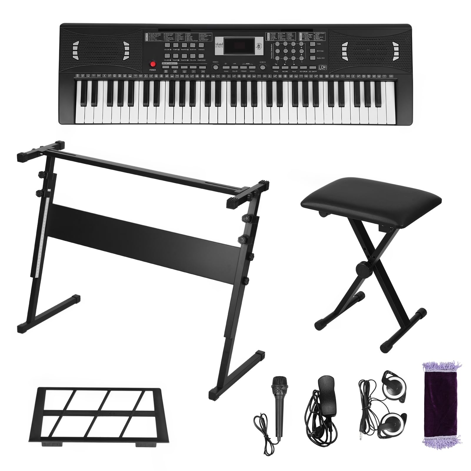61-Tasten Digitalpiano mit Tasten, 300 Klangfarben und Rhythmen | ABS-Kunststoff 61-Tasten Leuchttasten-Piano mit Lautsprecher für Anfänger, kompatibel mit Mikrofon Schwarz EU