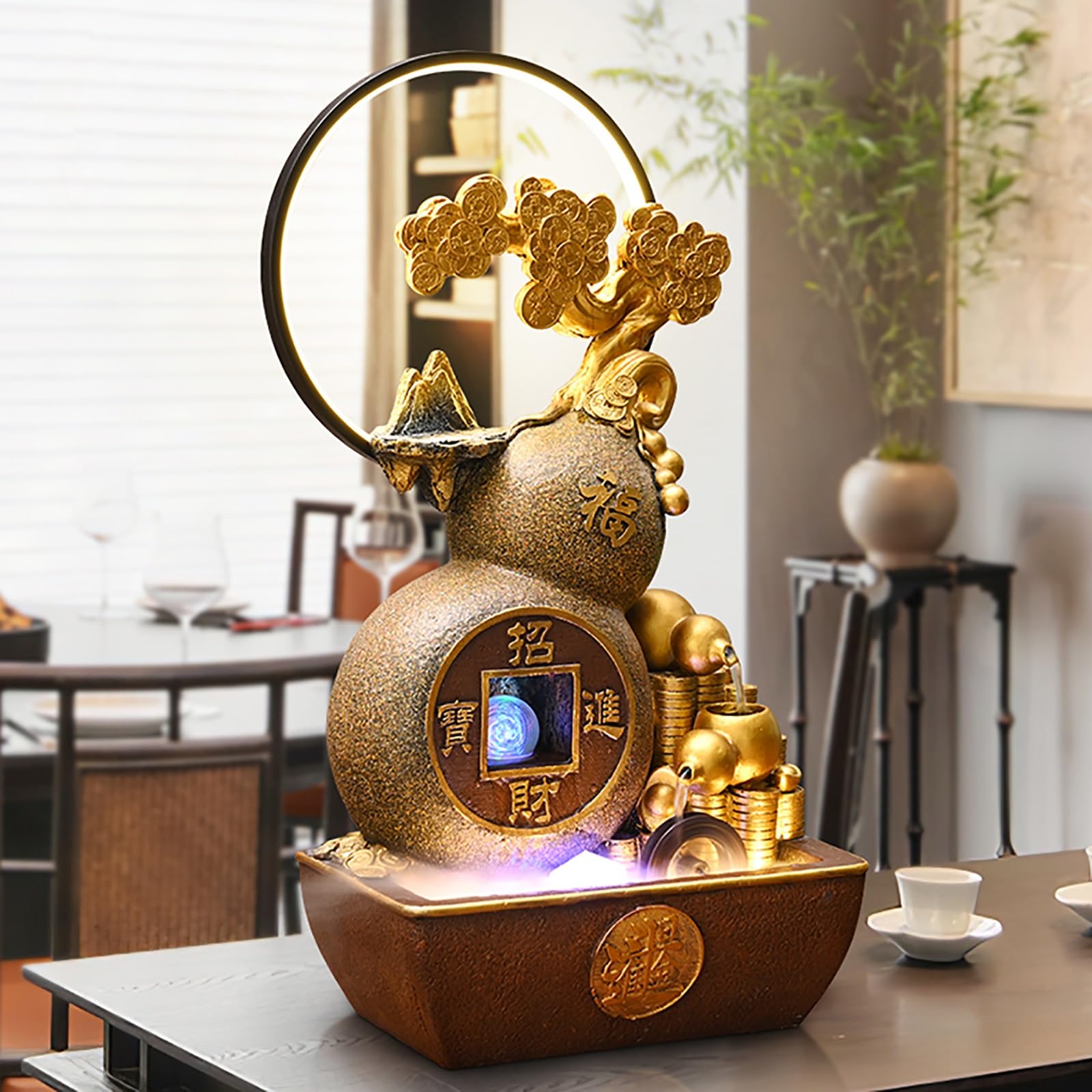 Fontaine à Eau Feng Shui avec Arbre à Monnaie et Roue à Eau – Élégante Fontaine Interieur pour Salon, Bureau et Cadeau