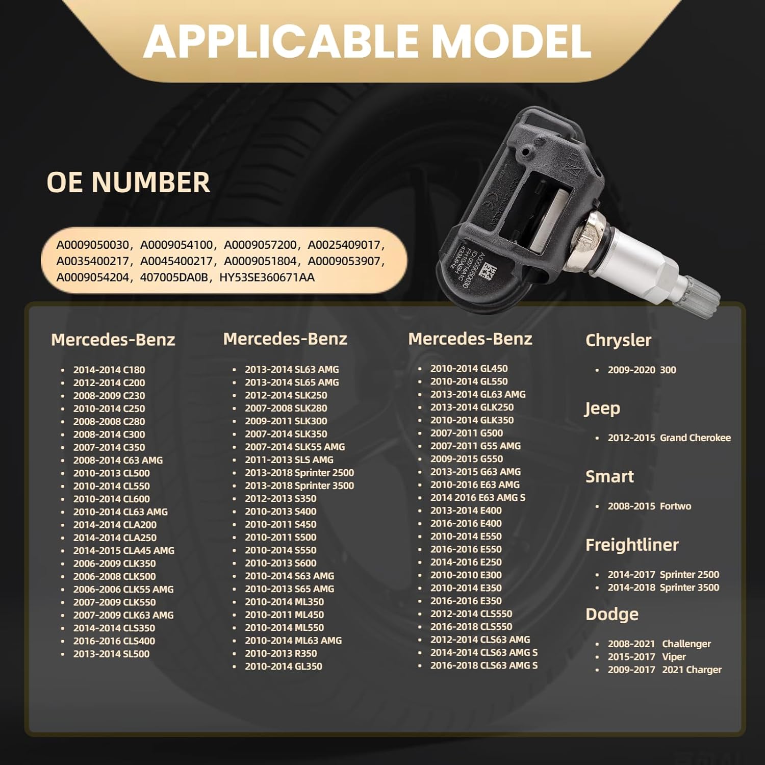 Tire Pressure Monitoring System Sensor (TPMS) Compatible with Grand Cherokee C180 C200 C230 C250 C280 C300 C350 C63 AMG Charger A0009050030 A0009054100 A0009057200 A0025409017 A0035400217 A0045400217