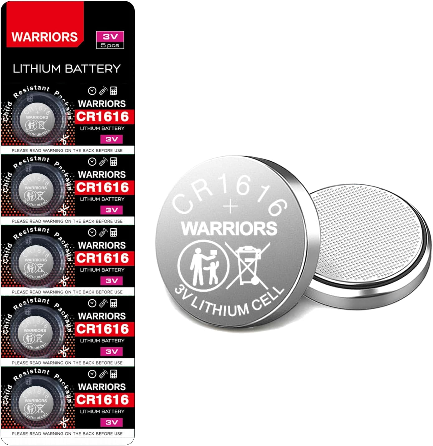 Warriors 5X 1616 CR1616 Coin Button Cell 3V 3 Volt Lithium Batteries Battery 5X Child Resistance Safety Package Retail Pack