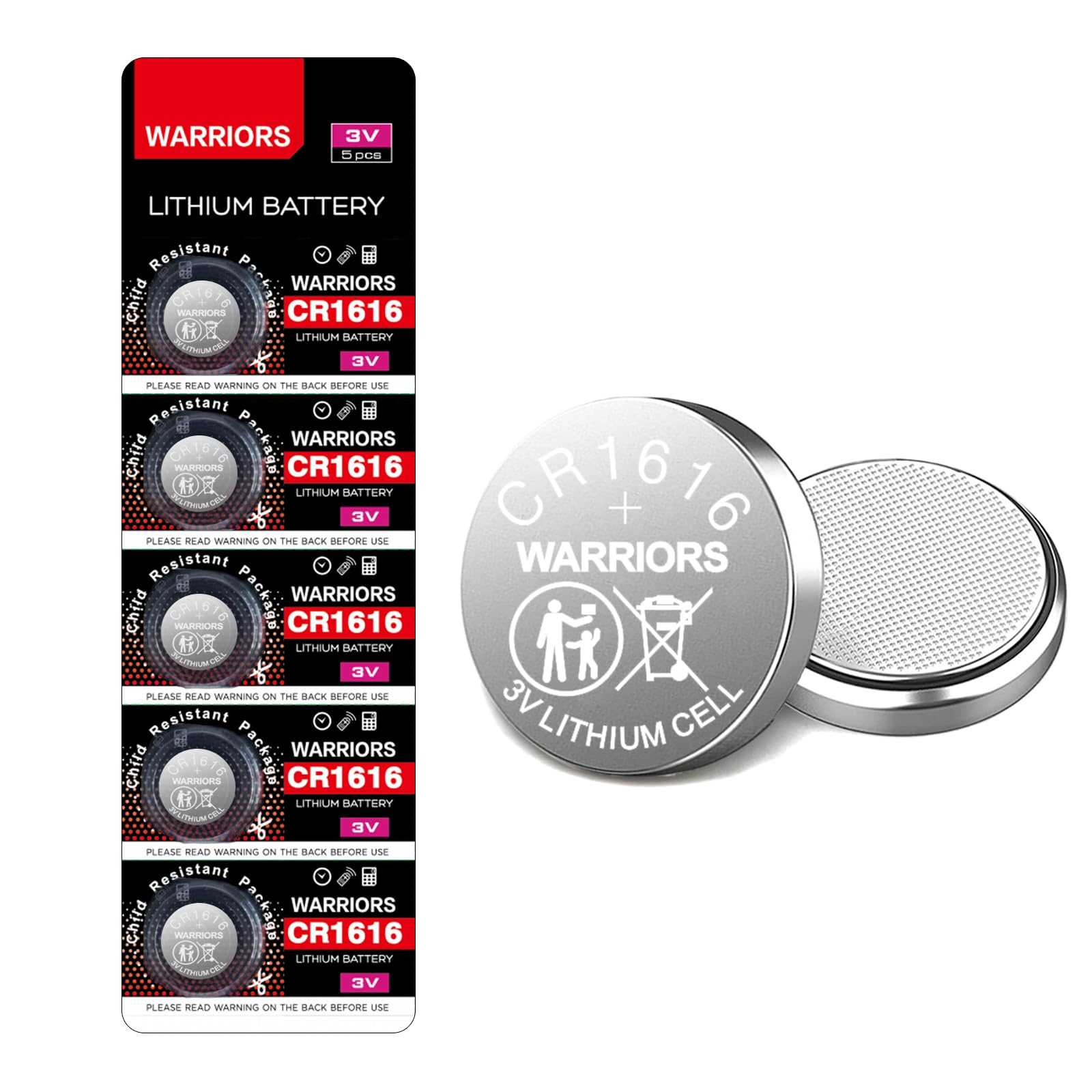 Warriors5X 1616 CR1616 Coin Button Cell 3V 3 Volt Lithium Batteries Battery 5X Child Resistance Safety Package Retail Pack