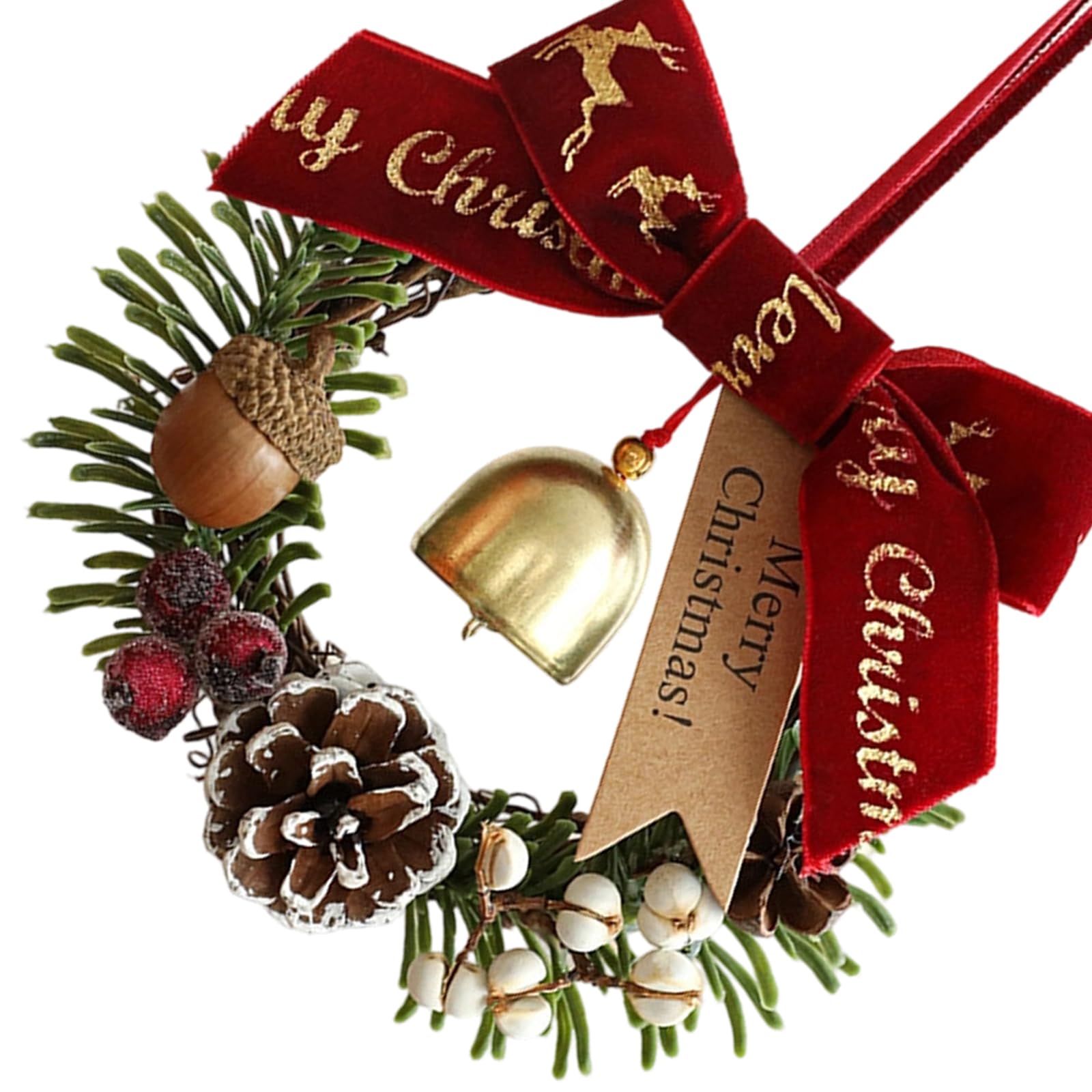Miniature Holiday Wreath with Bucolic Pinecones Golden Bells and Velvety Bowknot Indoor Outdoors Christmas Decorations Pinecone Fruit Handbell Ornament Car Christmas Ornament