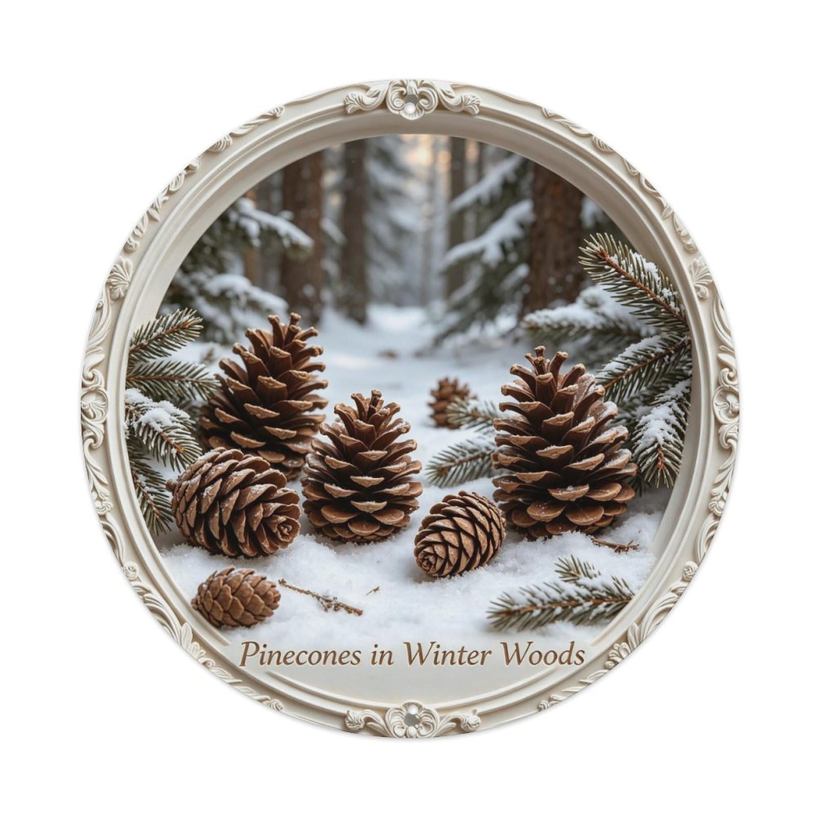 Pinecones in Winter Woods Metal Tin Sign Plaque