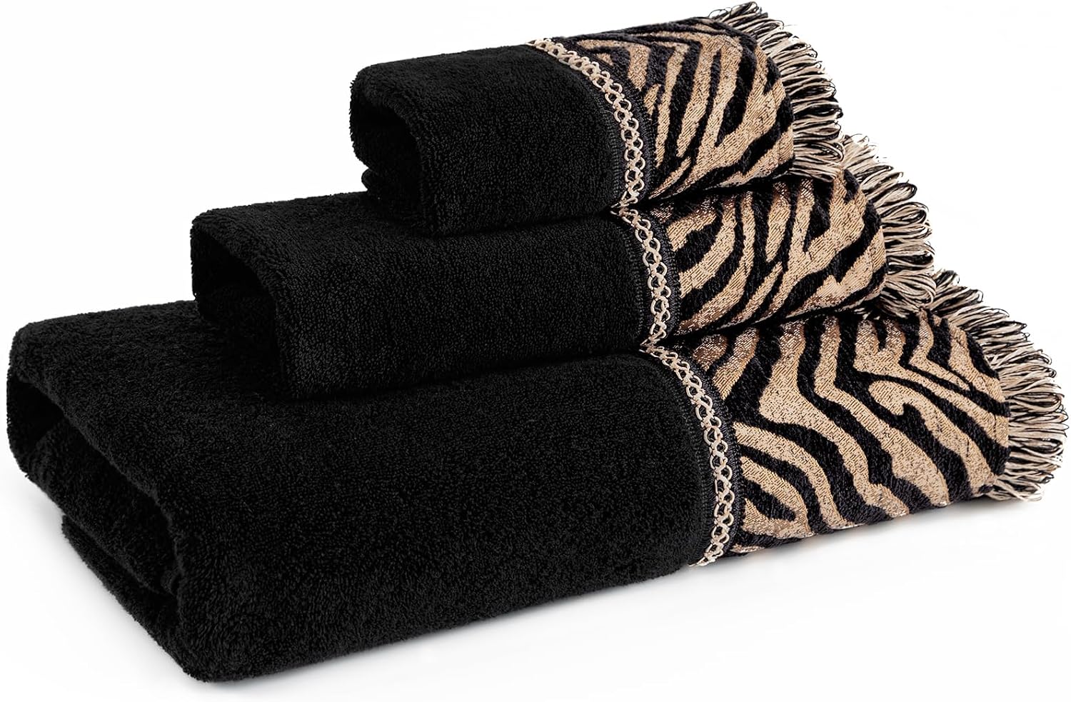 Luxury Zebra Print Bath Towel Set 3 Piece-1 Cotton Bath Towel, 1 Hand Towel, 1 Washcloth Decorative Bathroom Towel Sets, Animal Jacquard Soft Highly Asorbent Towels for Bathroom(Black Gold)