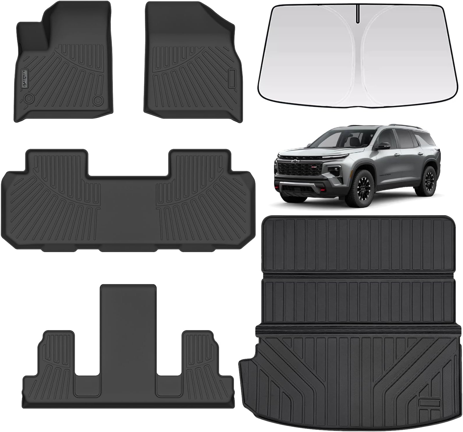 LJWAITO Floor Mats & Large Cargo Liners & Sun Visor for 2018-2022 2023 Chevy Traverse 7 Seats-2nd Row Bucket Seat，Car Floor Liners with Trunk mat with Windshield Sun Shade for Chevrolet Traverse