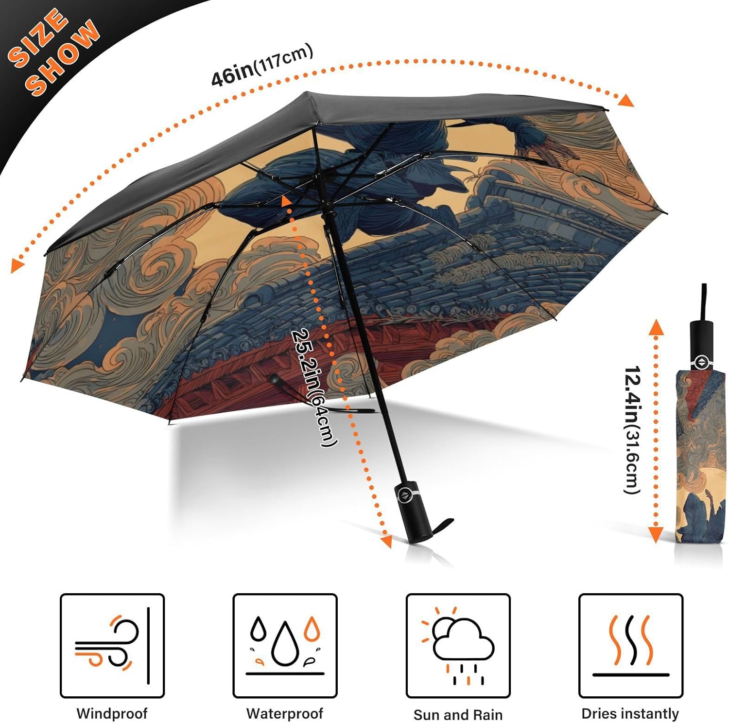 UV Protection Umbrella Ninja Japanese Moon Compact for Rain and Sun - Automatic Open and Close UPF 50+ Windproof Portable 46” Sun Umbrella for Women Men
