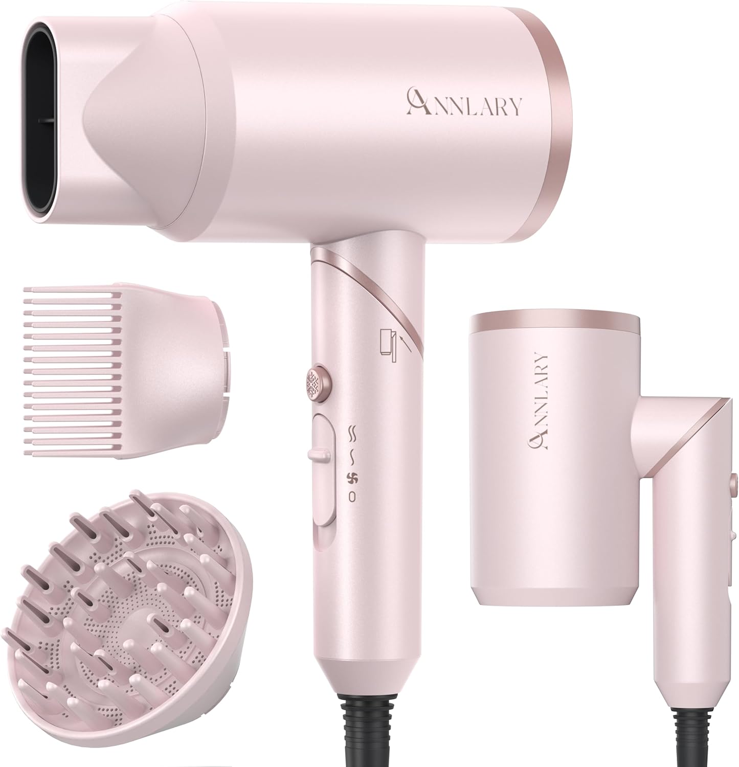 Hair Dryer with Comb | 1800W Blow Dryer with Diffuser for Curly Hair | Plasma Ionic Hairdryer for Frizz Control | Foldable & Protable Design for Travel | 6.5 ft ALCI Cord for Women and Men