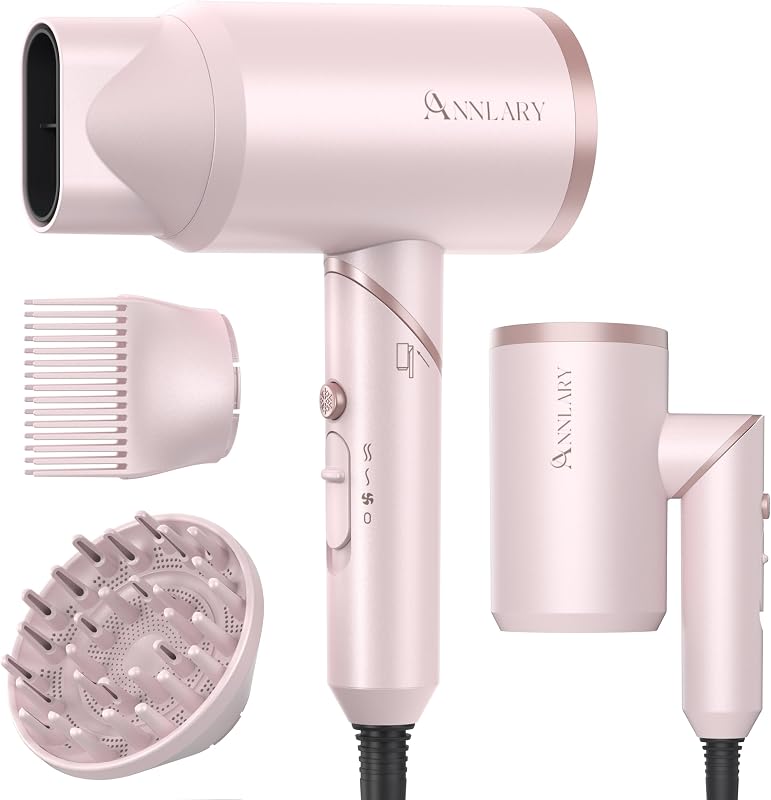 Secador de pelo con peine, ANNLARY 1800W secador de pelo con difusor para cabello rizado, secador de pelo iónico de plasma para control de encrespamiento, secador de pelo portátil plegable de bajo ruido, cable ALCI de 6.5 pies (rosa)