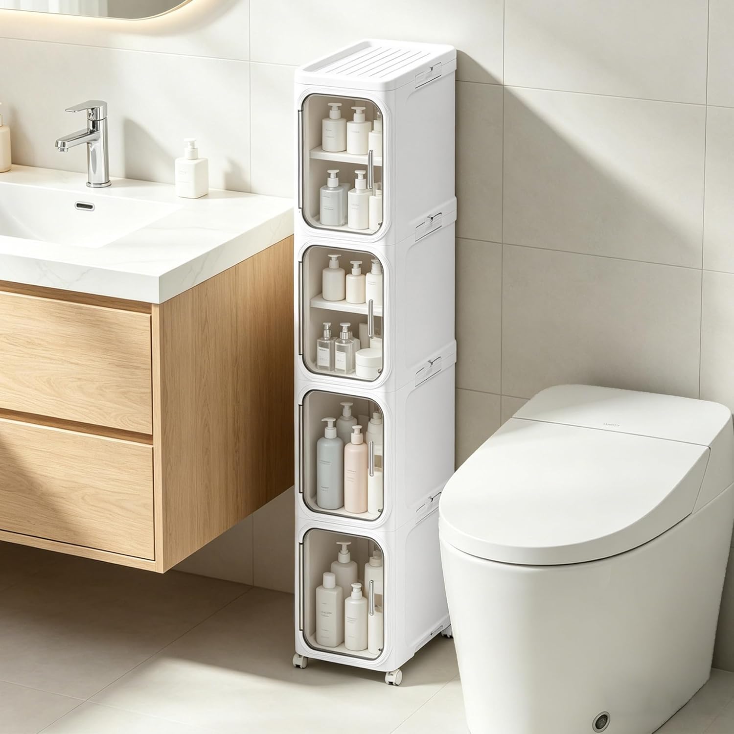 LXLXXL 5-Tier Narrow Storage Cabinet Slim Bathroom Storage Cabinet with Movable Wheels Tall Bathroom Organizer Skinny Cabinet for Small Spaces，Beige