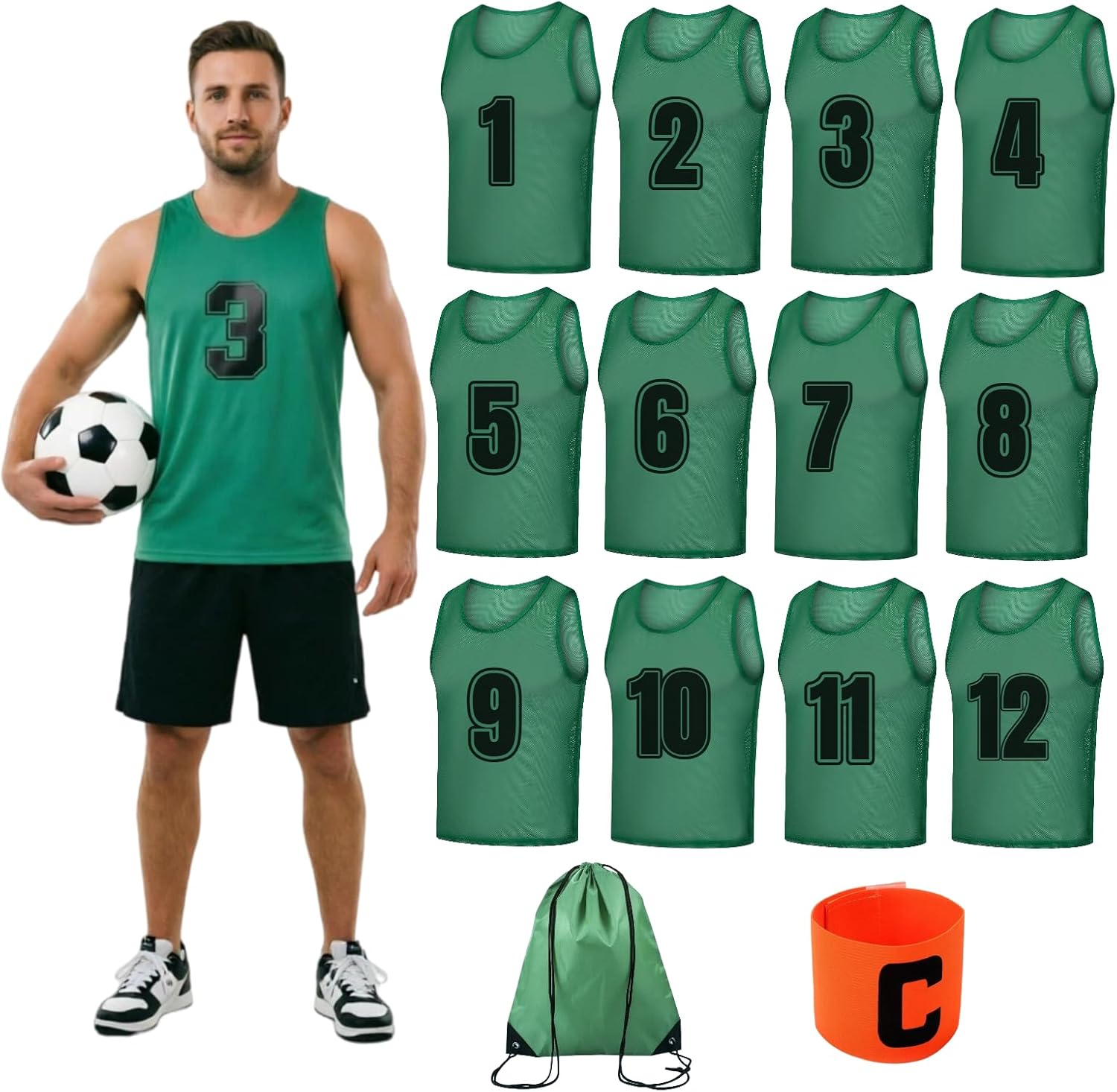 TOEPODO Pinnies Set of 12 Pack Scrimmage Vests Soccer Bibs Team Practice Pinnies with Drawstring Bag & Captain's Armband