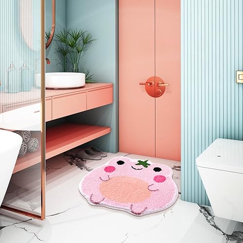 Miniatura 7 de Panstar Bonita alfombra de baño antideslizante de rana rosa para baño, tapetes de baño absorbentes de lujo, divertidos tapetes de ducha peludos en