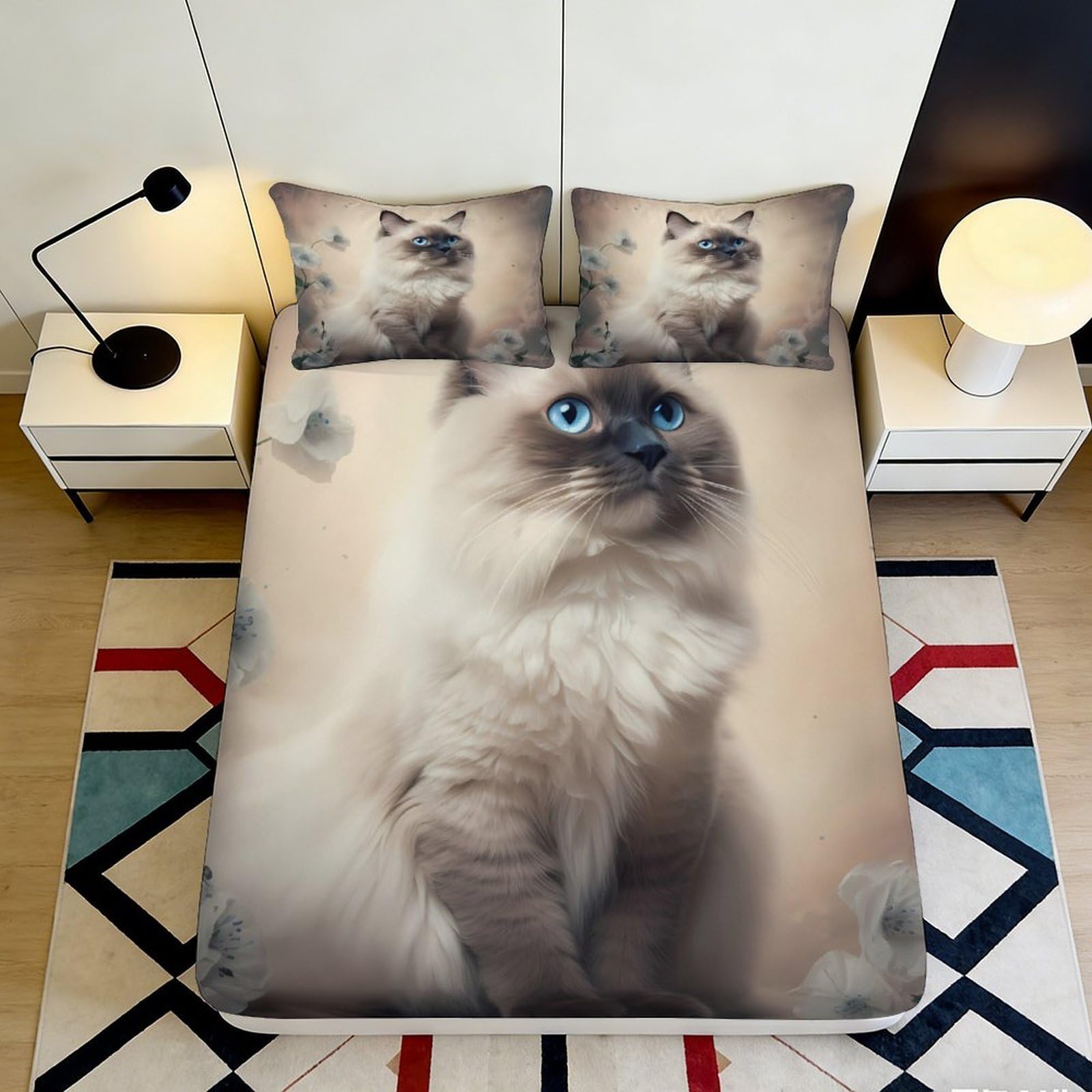 3D Printed Blue Eyed Cat Fitted Sheet Microfiber Soft Breathable Floral Bed Cover for Bedroom Dorm Mattress Protection Decor 140x200x25cm