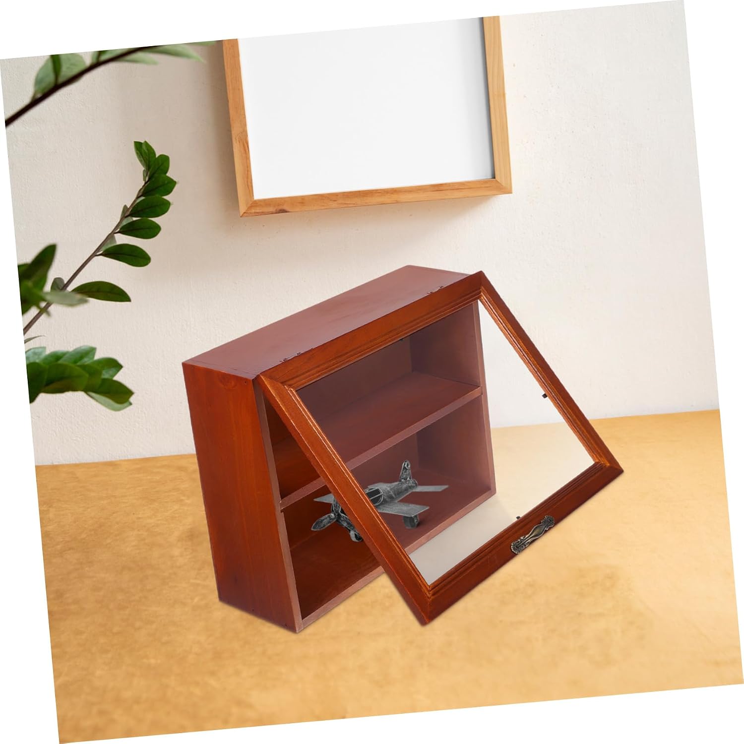 Solid Wood Vintage Desktop Small Display Cabinet with Flip-top Acrylic Door Storage Rack for Figurines Cosmetics and Collectibles Distressed Finish Organizer Shelf for Home