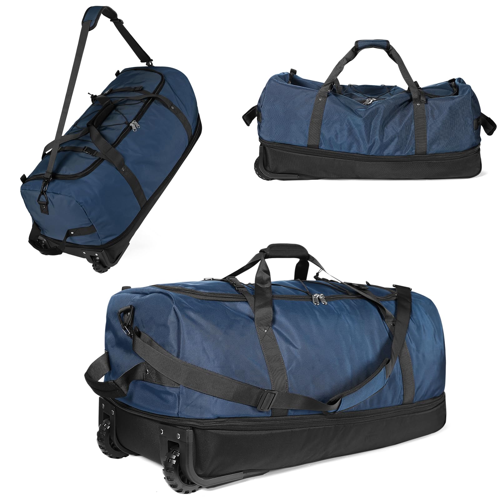 Vomgomfom 32“ Soft-Sided Zusammenklappbar Reisetasche auf Rädern, 110L erweiterbar 140L Rollende Sporttasche mit Passender Aufbewahrungstasche, Marineblau