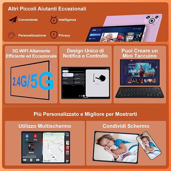Tablet Android 15 [30GB RAM] 128GB ROM, 10 Pollici IPS HD Schermo+1TB Espandibile, 8-core, 8000mAh, Corpo in Metallo, 5MP+8MP, Face ID, Widevine L1 - con Tastiera, Mouse, Custodia Protettiva - Viola - 3