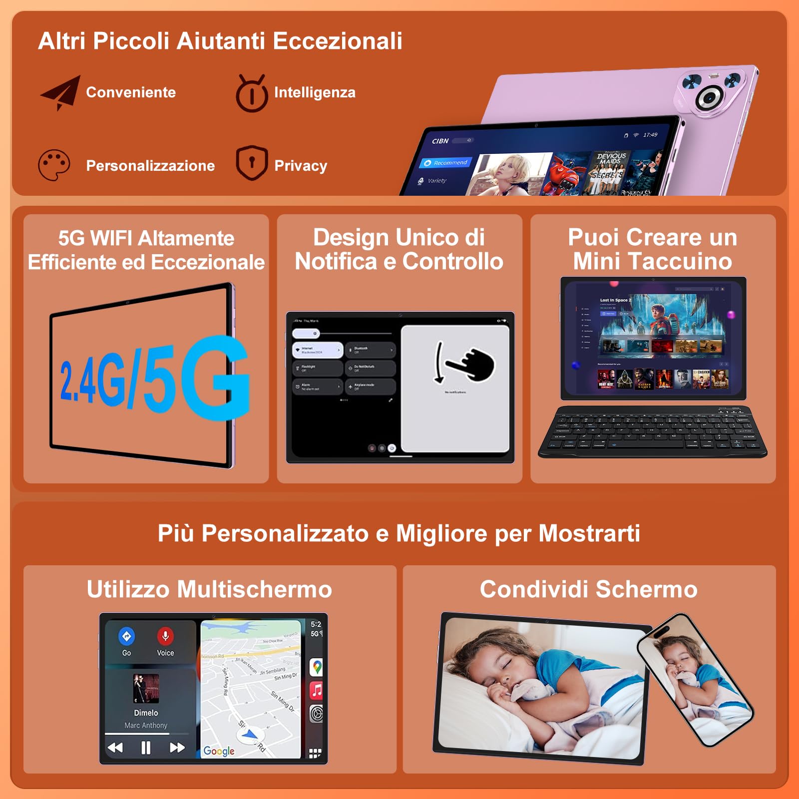 Dghrti Tablet Android 15 10" Schermo IPS HD | 30GB RAM 128GB + Estensione 1TB | Octo-Core 8000mAh | Wi-FI 6 | Widevine L1 | 8MP+5MP | Telaio in Metallo | con Tastiera e Mouse | Viola