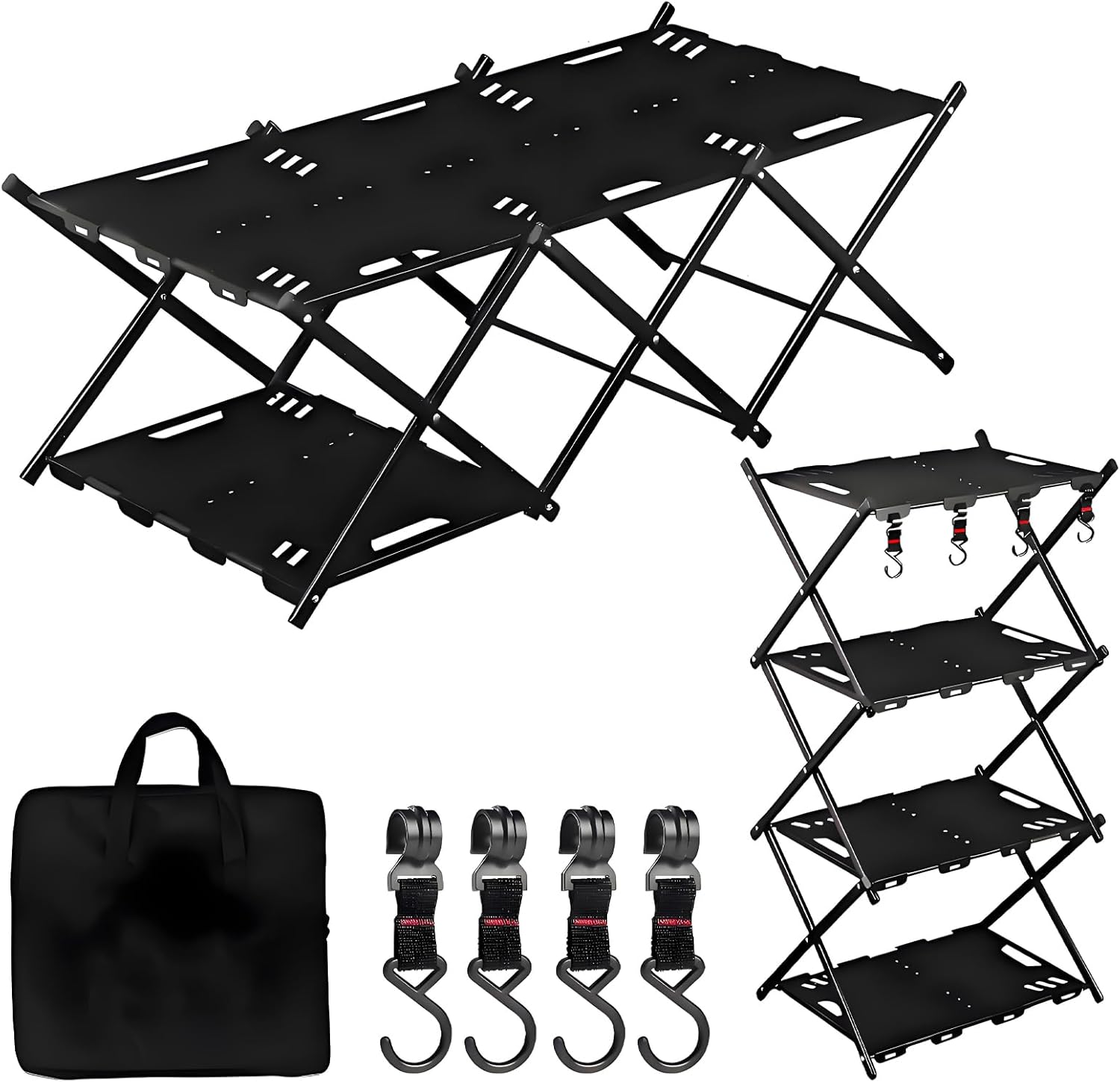 Portable Camping Table & Shelf, 2-in-1Folding Carbon Steel Picnic Rack 37" 4-Tier Storage Cook Station with 4 Hooks,Perfect for Party, Dining, Camping, BBQ, Indoor, Outdoor